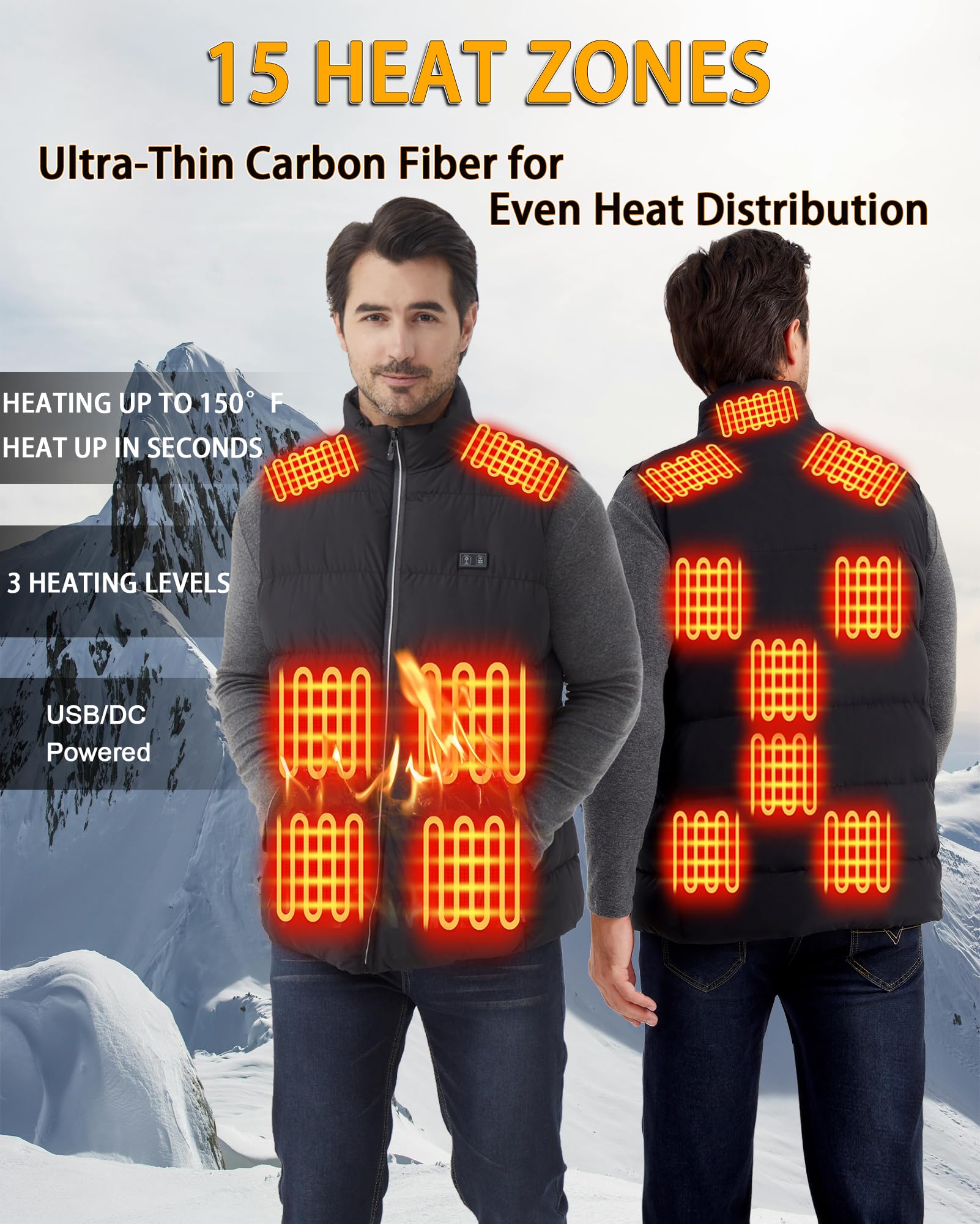 Gilet riscaldato elettrico da uomo: gilet riscaldato USB con 3 temperature regolabili, 15 zone di riscaldamento, batteria da 16000 mAh, giacca riscaldante invernale calda per attività all'aperto