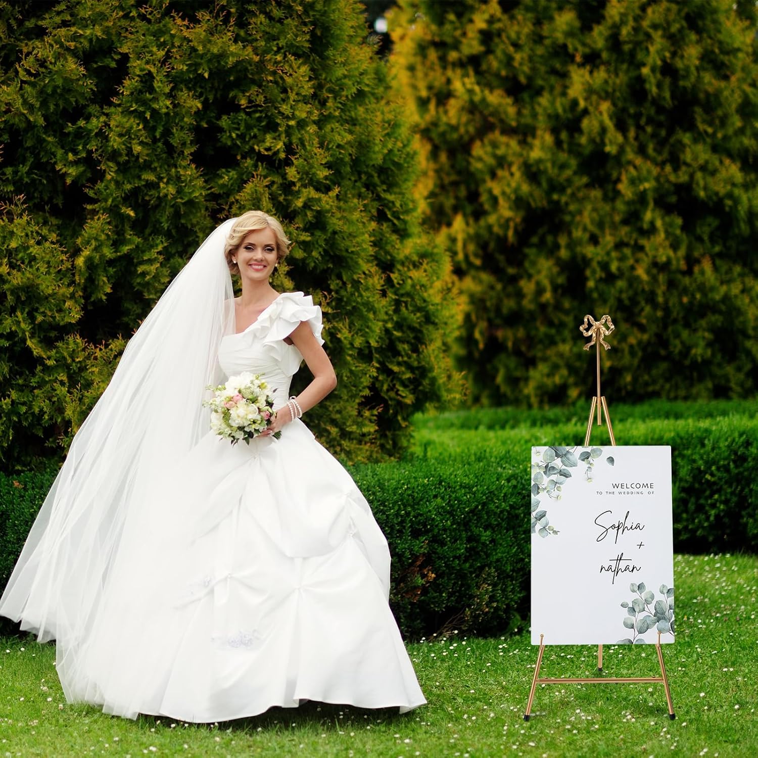 20" x 27" x 53" Gold Easel Stand for Wedding Sign Metal Adjustable Easel Stand with Bow Top Adjustable Tall Height Metal Sign Holder for Display Painting Canvas Welcome Poster Floor Home