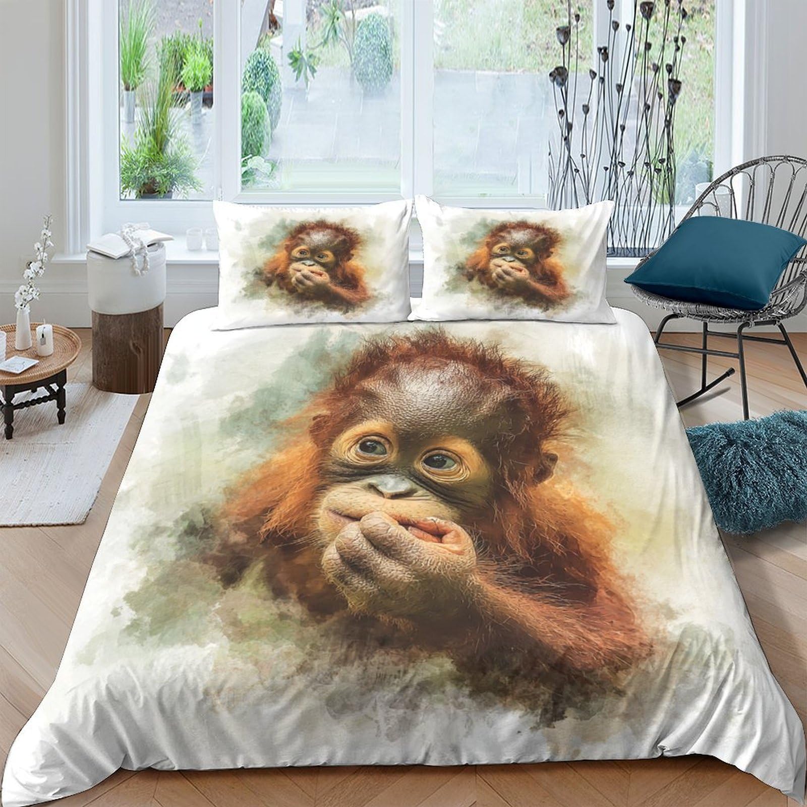 TUFRTGYHN 3D Printed Baby Orangutan Duvet Cover Microfiber Soft Breathable Jungle Animal Bedding Set with 2 Pillowcases for Bedroom Decor, 200x200cm Single（135x200cm）