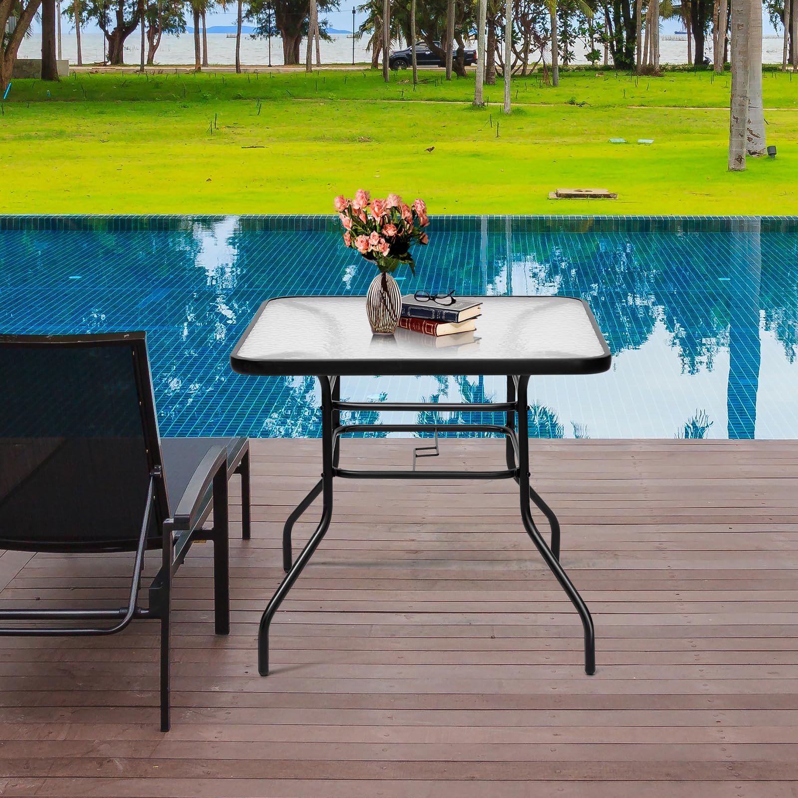 GOPLUS Mesa de Jardín con Orificio para Sombrilla y Tablero de Vidrio | Mesa Auxiliar Cuadrada para Terraza Patio Bistro con Marco de Metal, Carga 80 kg, 80x80x71cm