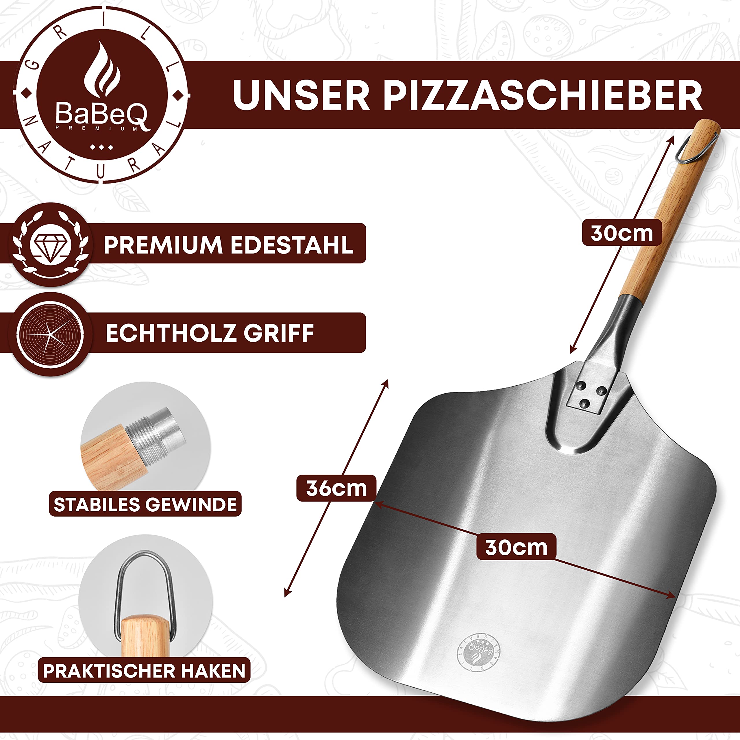 3-in-1 Set aus Pizzastein für Grill & Backofen inkl. Pizzaschieber & Pizzaring für Kugelgrill - Cordierit Pizza-Ofen-Stein rund Ø 38cm 1,5cm dick mit Pizzaschaufel & Pizza-Clip für Weber-Grill