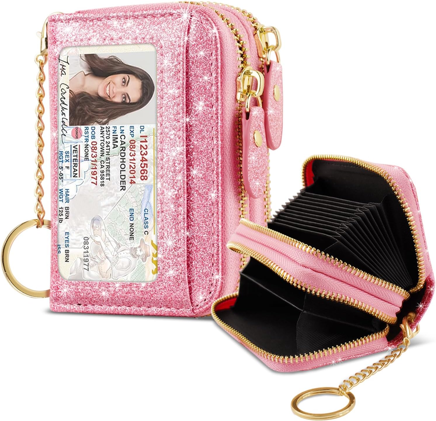 Double Zipper Credit Card Holder RFID Blocking Coin Pouch Slot Glitter Shining Leather Small Cute Card Wallet for Women with Keychain, Pink Glitter Double Zipper Credit Card Holder RFID Blocking Coin Pouch Slot Glitter Shining Leather Small Cute Card Wallet for Women with Keychain, Pink Glitter