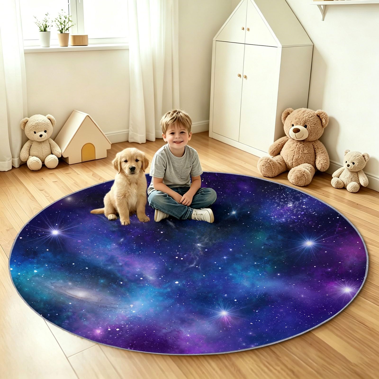 Générique Tapis Rond Moderne 120 cm, Espace Nébuleuse Voie Lactée Antidérapant et Lavable en Machine - Poils Courts Imprimé Tapis pour Salon Chambre Bureau ou Salle à Manger - Épaisseur 0.6 cm Bleu