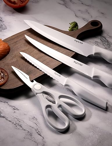Miniatura 8 de syvio Juego de cuchillos blancos, juego de cuchillos de cocina con bloque y afilador, 14 cuchillos de cocina para cortar, rebanar, cortar en dados y