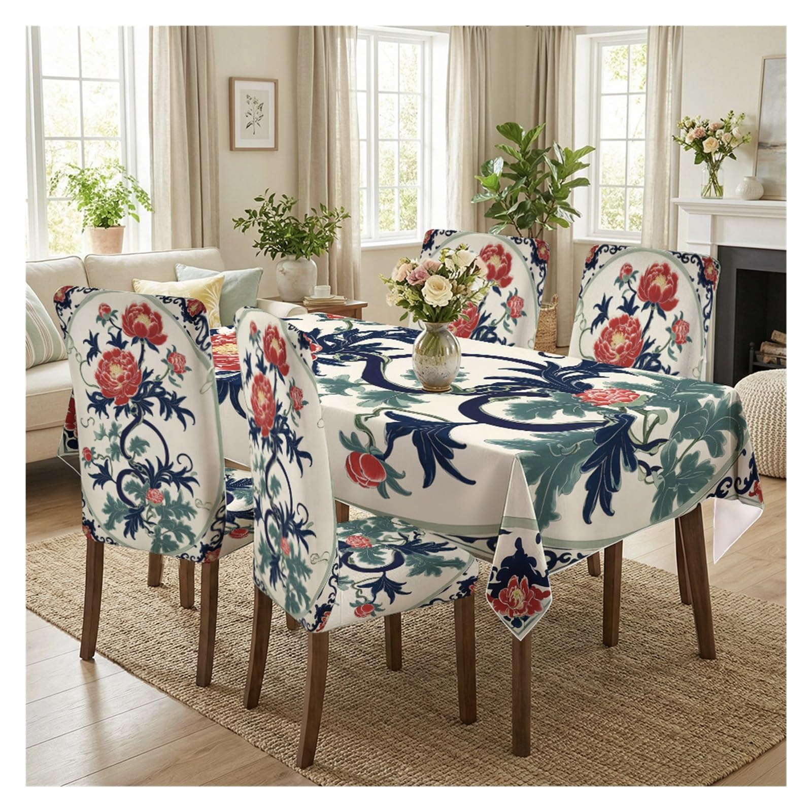 KXUAUV Chinese Style Red Peony Floral Print Dining Tablecloth & Chair Covers Set, 5/7 Pack Stretch For Meal, Banquet, Dinner, Party, Home Decor Party Decor(5pcs Set: Tablecloth+Chair Covers)