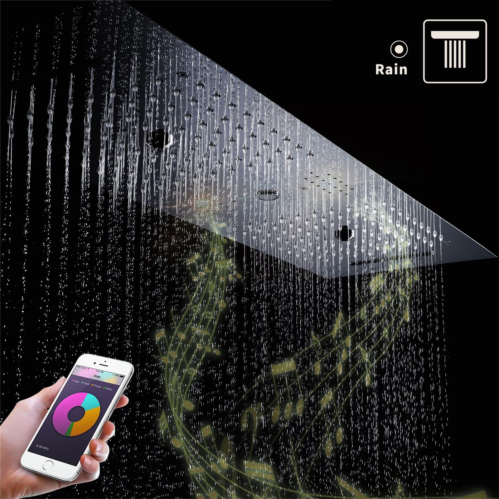 LED Música Rociador Ducha 90x30cm Negro Alcachofas Fijas para Ducha 4 Funciones 64 Colores Alcachofa de Ducha Rectangular 304 Acero Inoxidable Cabezal de Ducha Lluvia,Touch Control