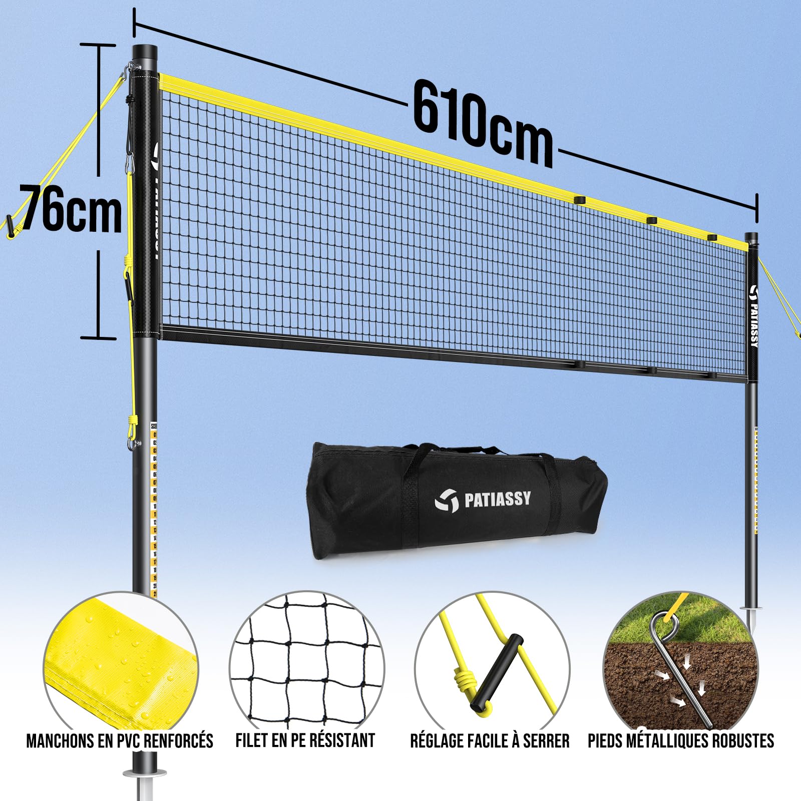 Filet de Badminton de 6.1m,Largeur réglable de 3-6m, Portable et Pliable, utilisable à l'intérieur comme à l'extérieur, idéal pour Adultes