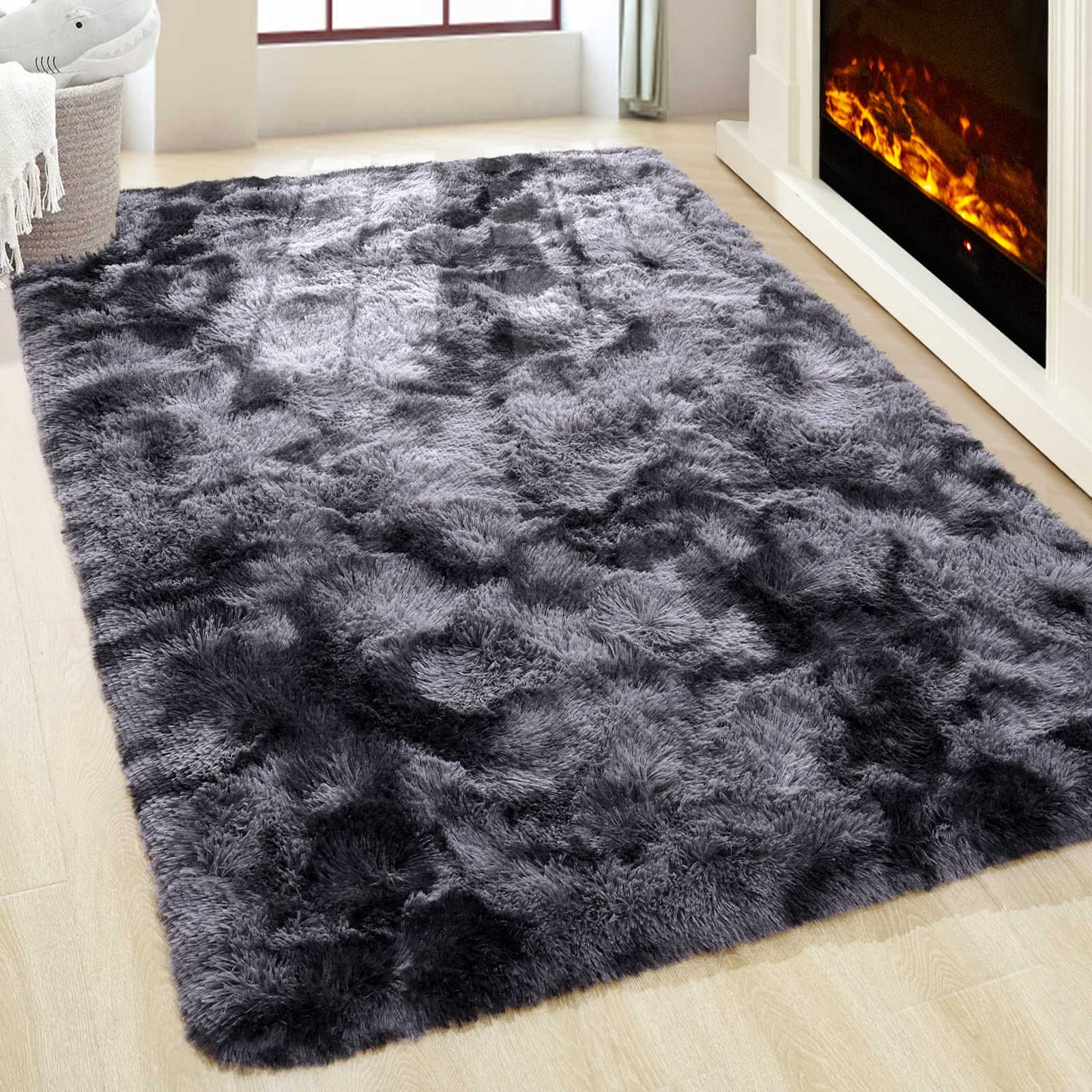 Fluffy Carpet for Bedroom, 3x5 Dark Grey Rug Soft Indoor Small Shag Area Rug, Washable Rugs for Living Room, Non Slip Tie Dye Throw Rugs for Kids Room, Fuzzy Modern Home Decor