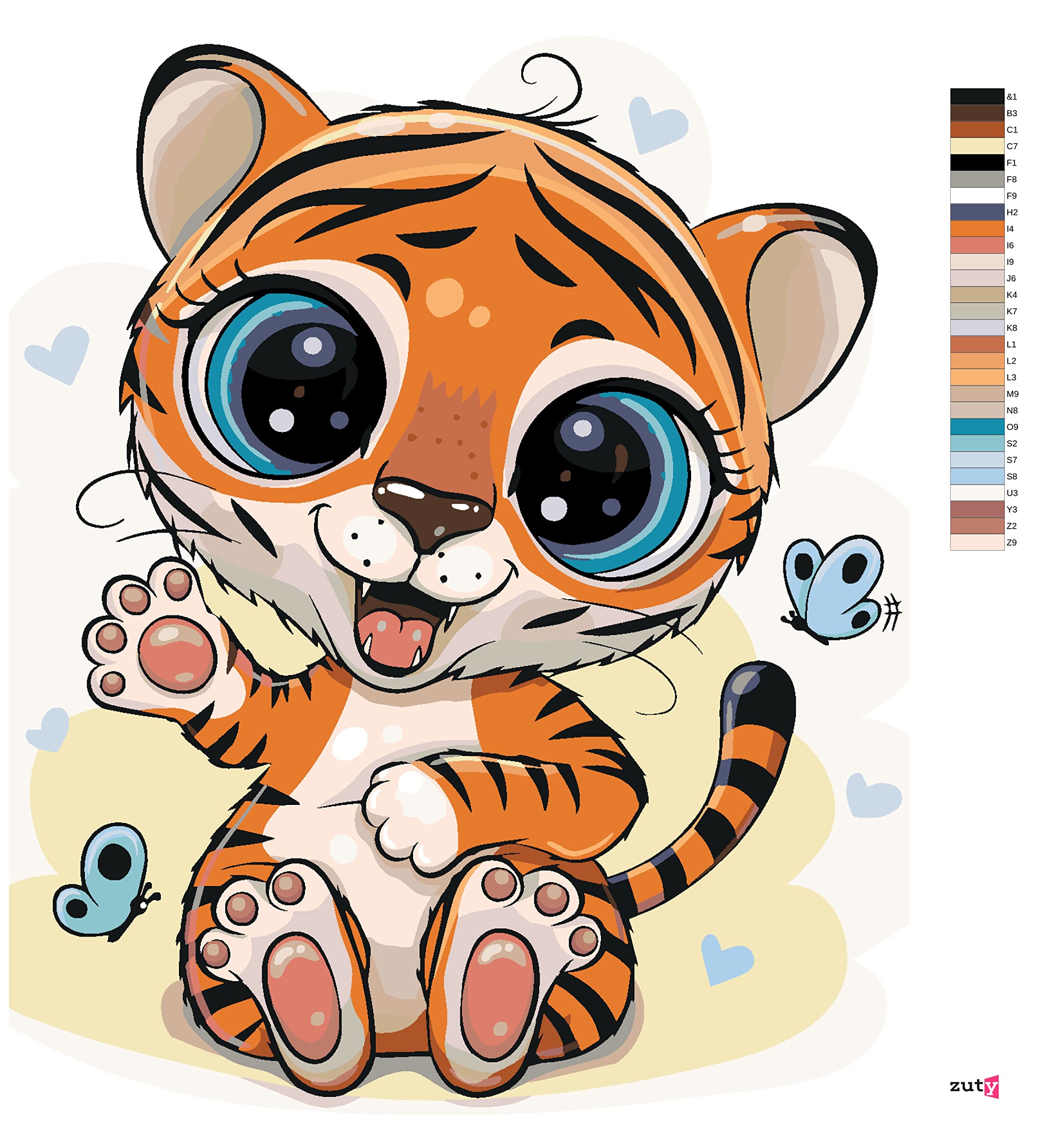 ZUTY - Malen nach Zahlen - KLEINER TIGER MIT SCHMETTERLINGEN, 40x50 cm mit Keilrahmen (bereits gespannt)