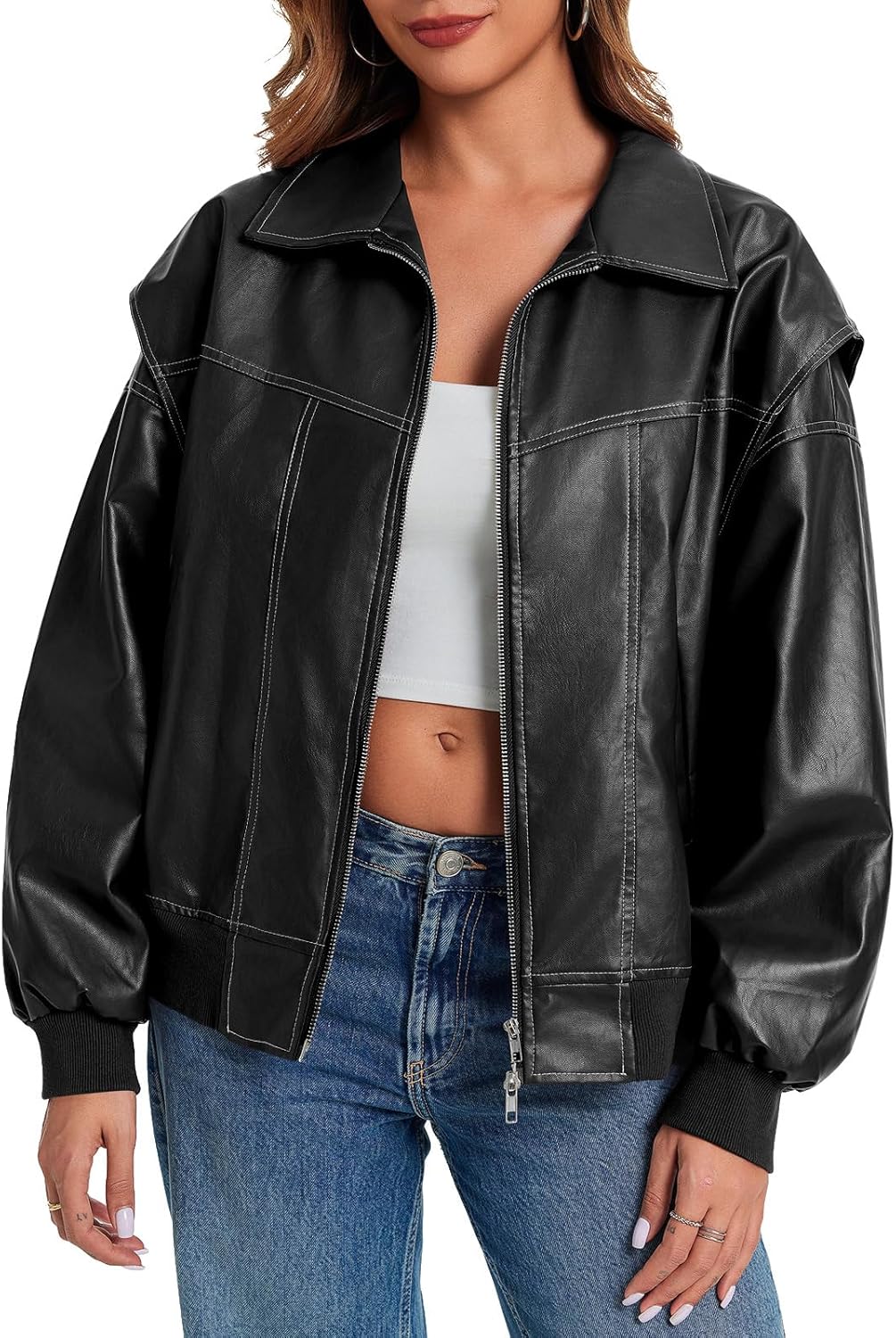 Tankaneo Womens Oversized Leather Bomber Jackets Cap Sleeve Zip Up Motorcycle Coats with Pockets - Image 3