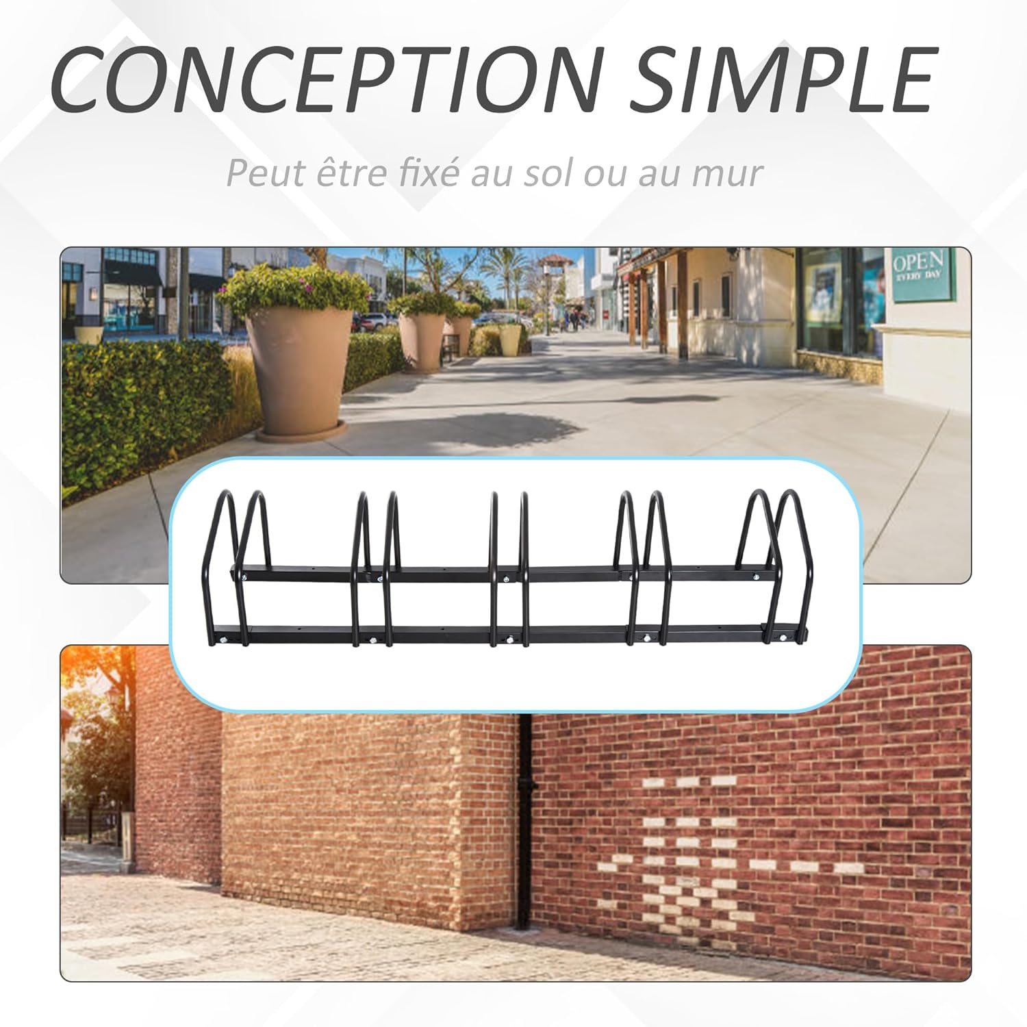 Diagram illustrating floor and wall mounting options for the bike rack.