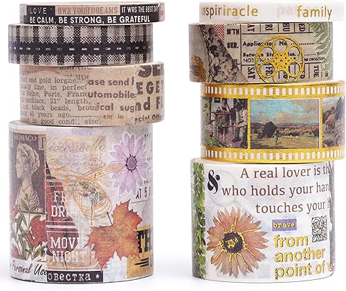 Songdao - Juego de 8 rollos de cinta washi vintage, cintas adhesivas retro para artes, juegos de cinta adhesiva decorativa de lámina dorada para