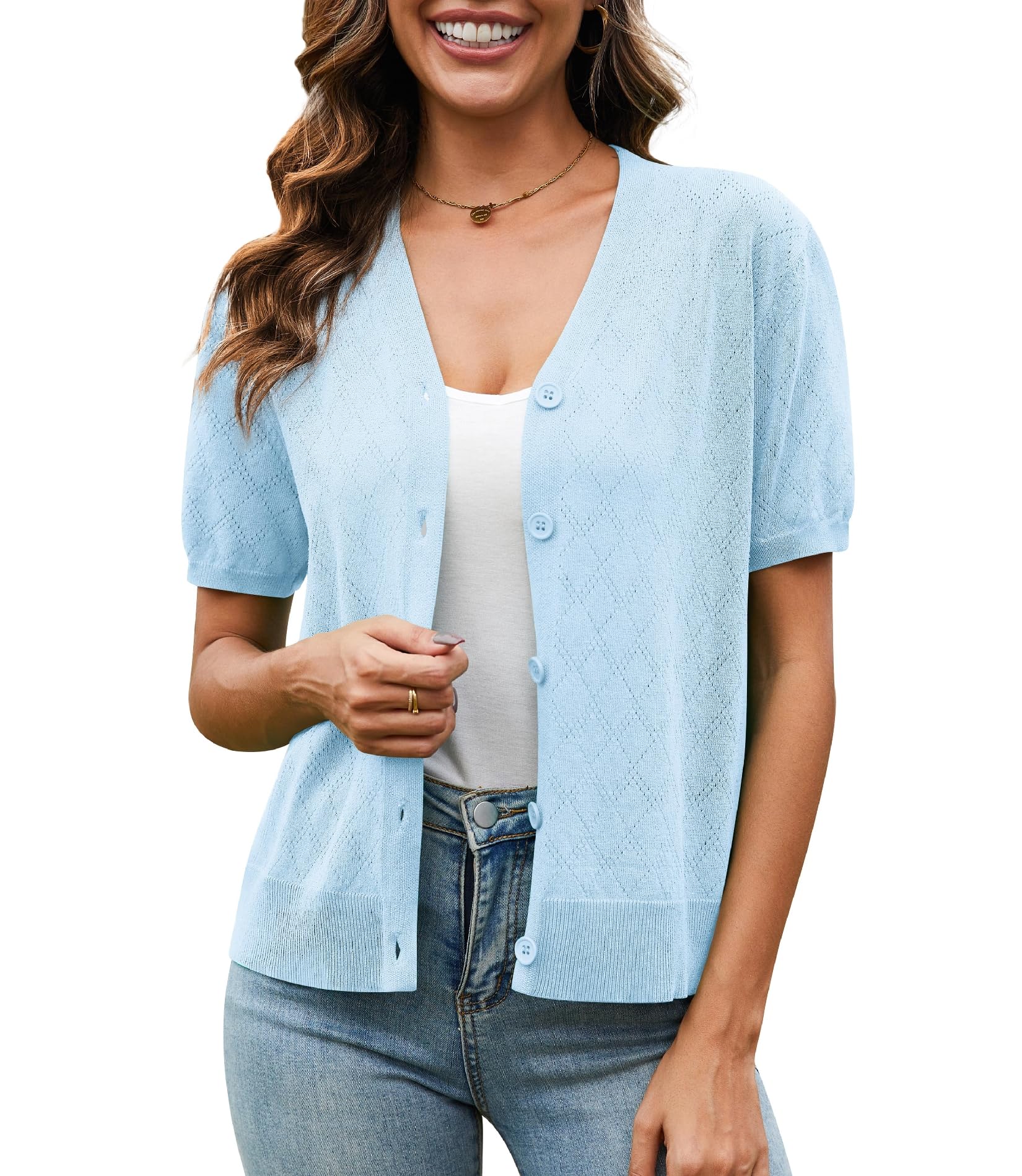 VIISHOW Short Sleeve Lightweight Summer Cardigan for Women, Button Down Open Front V Neck Crochet Knit Cropped Bolero Shrugs