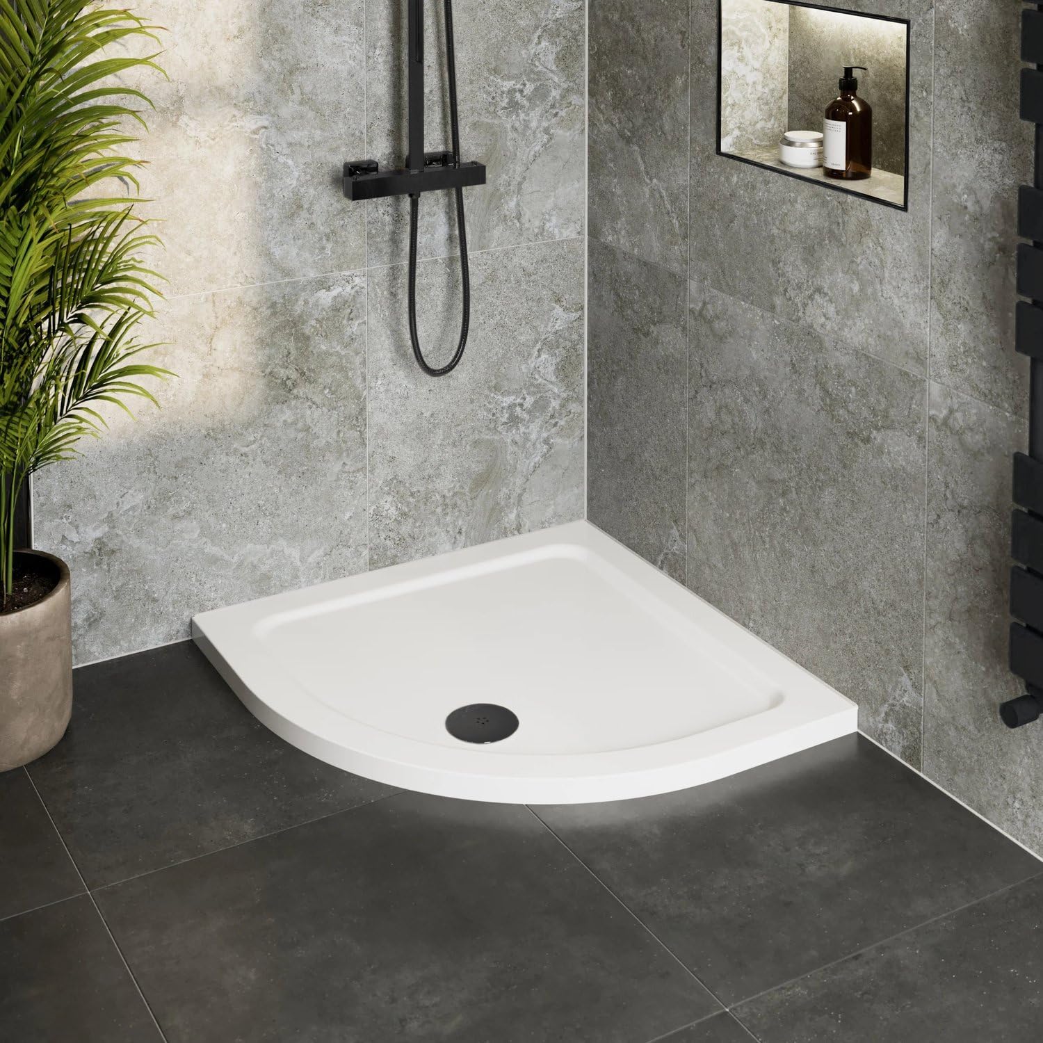 Hydrolux® 900 x 900 x 45mm White Bathroom Low Profile Shower Tray for Enclosures Cubicles & Wet Room with Black Waste, Quadrant