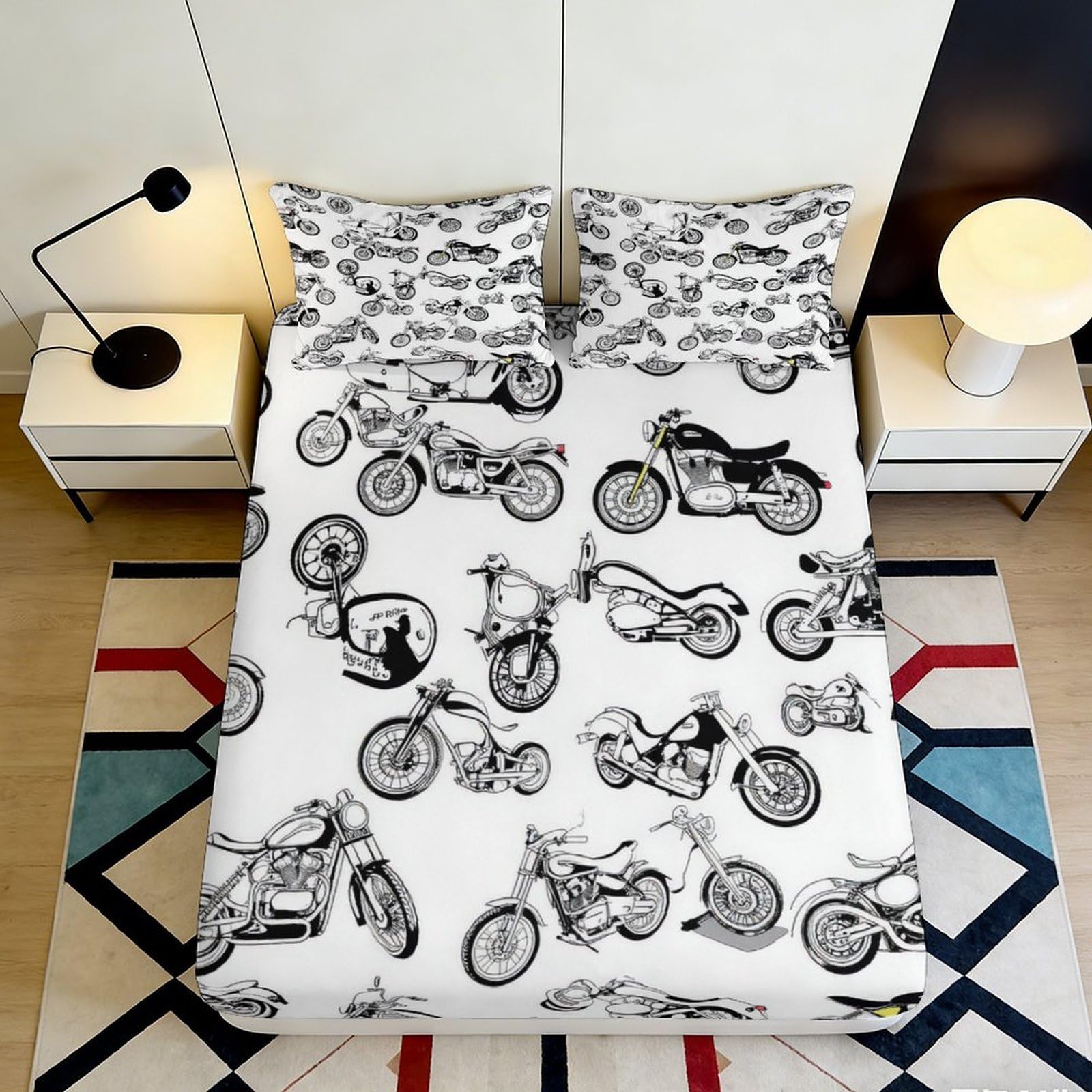 3D Printed Motorcycle Pattern Fitted Sheet Microfiber Deep Pocket Motorcycle Mattress Fitted Cover Non-Slip for Bedroom 200x200x25cm 90x200x25cm