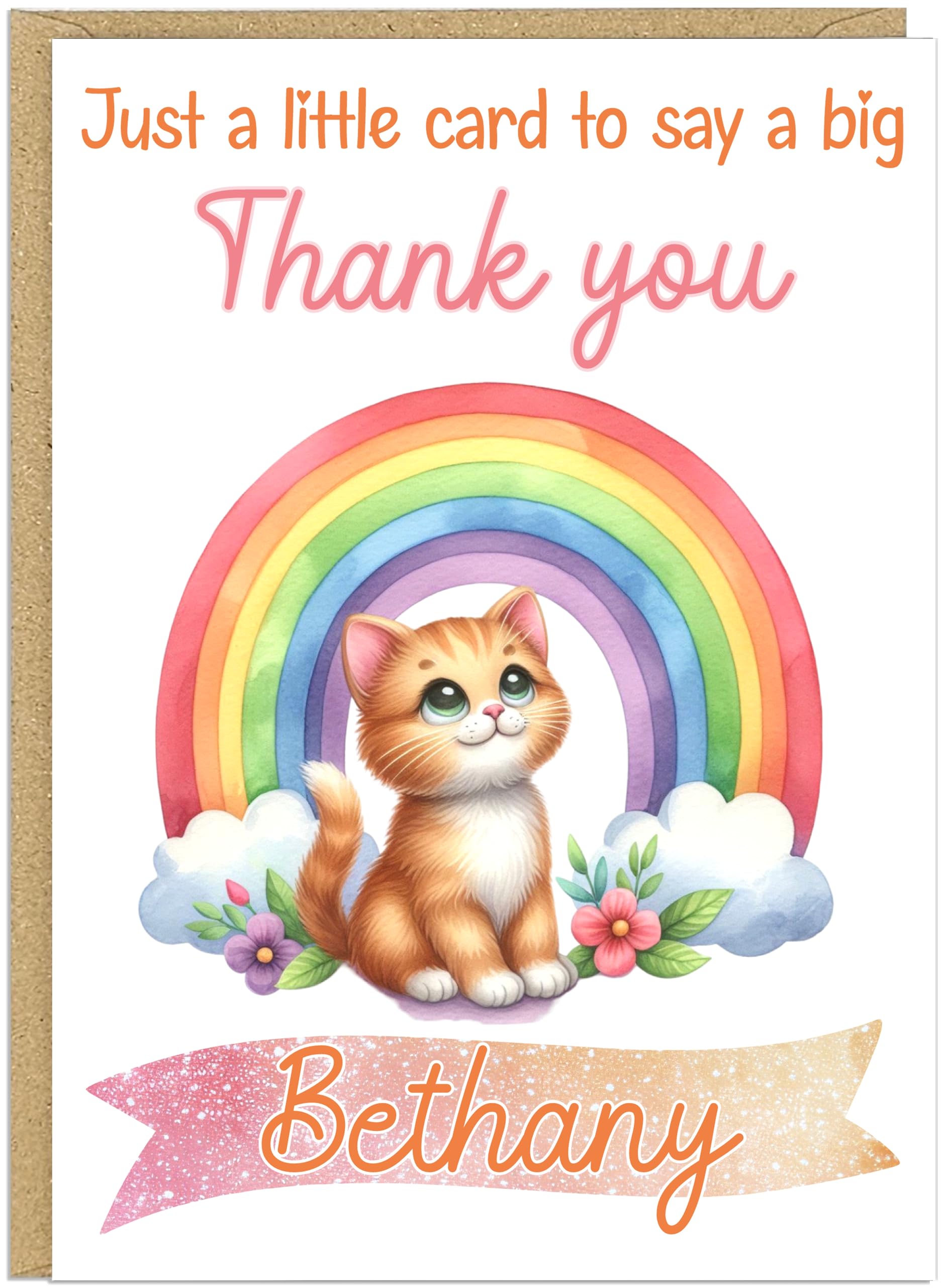 Cute Thank You Cards with Rainbow Animals - Say a Big Thanks! for Family Friends Teachers Neighbours Key Workers - Add Own Customised Name 15 Personalised Design Choices (Cat)