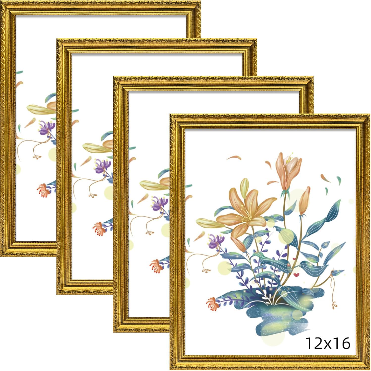 bescrcl 12x16 picture frame gold, frames 12 x 16 with shatterproof crystal acrylic for wall gallery, 4 pack