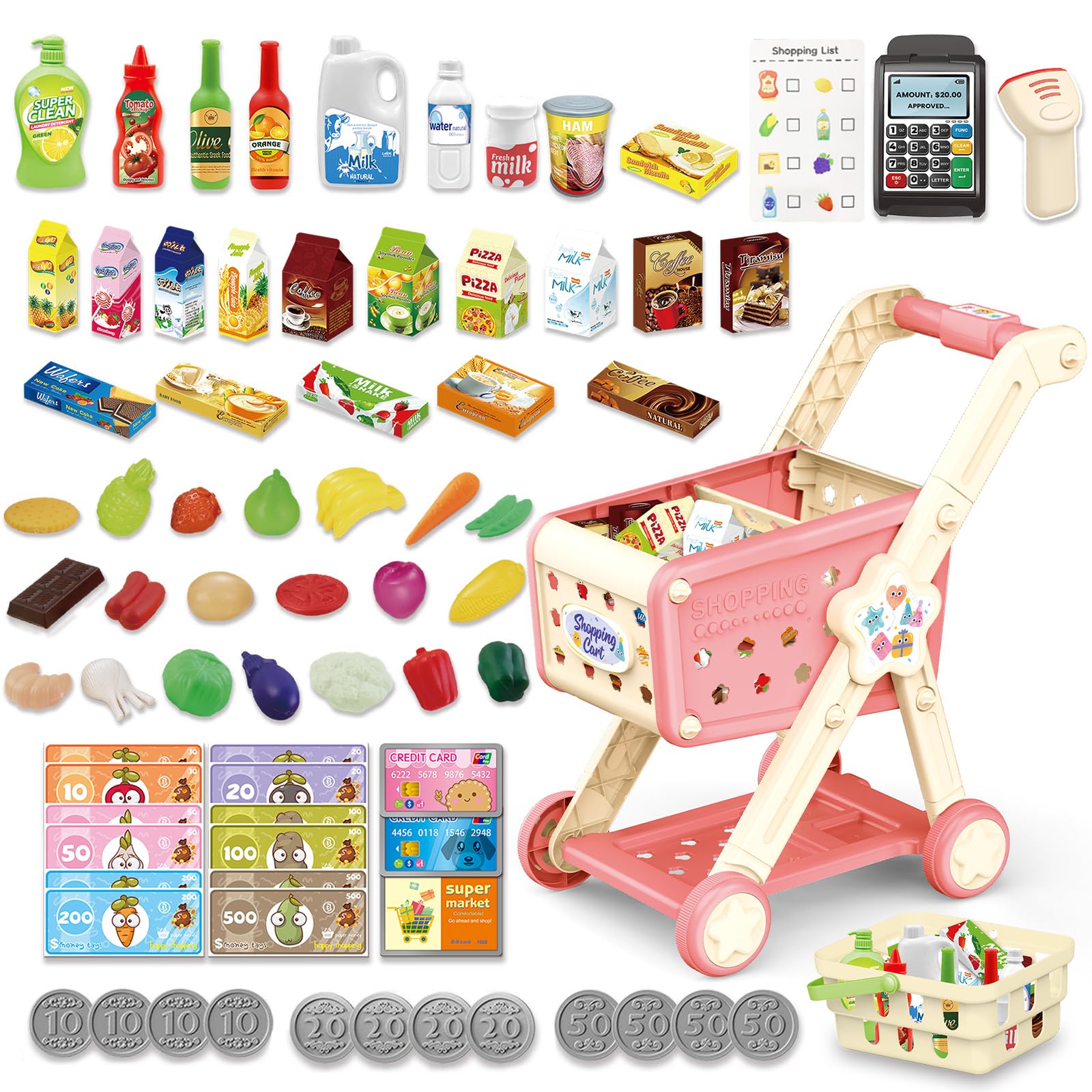 RedCrab Kids Shopping Cart,75PCS Toy Shopping Cart Playset with Food Shop Accessories, Adjustable Shopping Cart Arm,Shopping Basket Grocery Store Games for Ages 3 4 5 67 8+ (Red)
