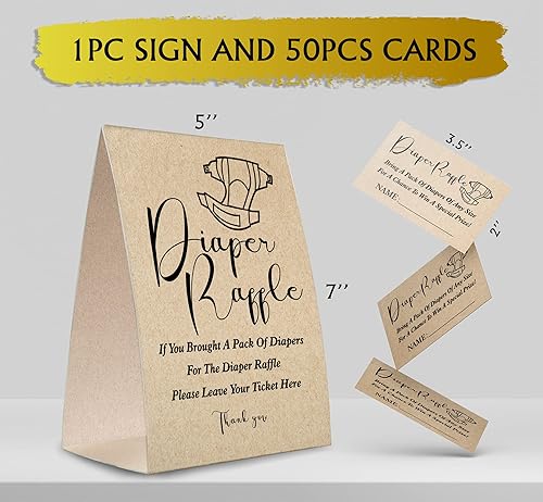 Miniatura 2 de Cartel de papel kraft para rifas de pañales, kit de juego para baby shower (1 letrero de pie + 50 tarjetas de adivinanzas), decoraciones de baby