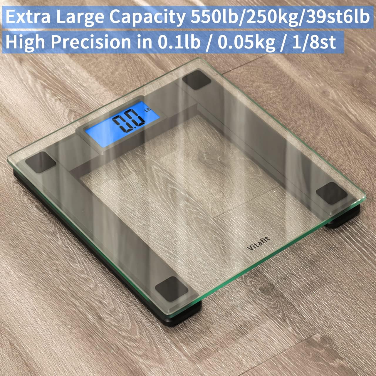 Vitafit 550lb Digital Bathroom Scale for Body Weight and BMI Via Smart APP, High Accuracy Assured by Weighing Professional Since 2001, 8mm Tempered Glass, Extra Large Blue Backlit LCD, Black