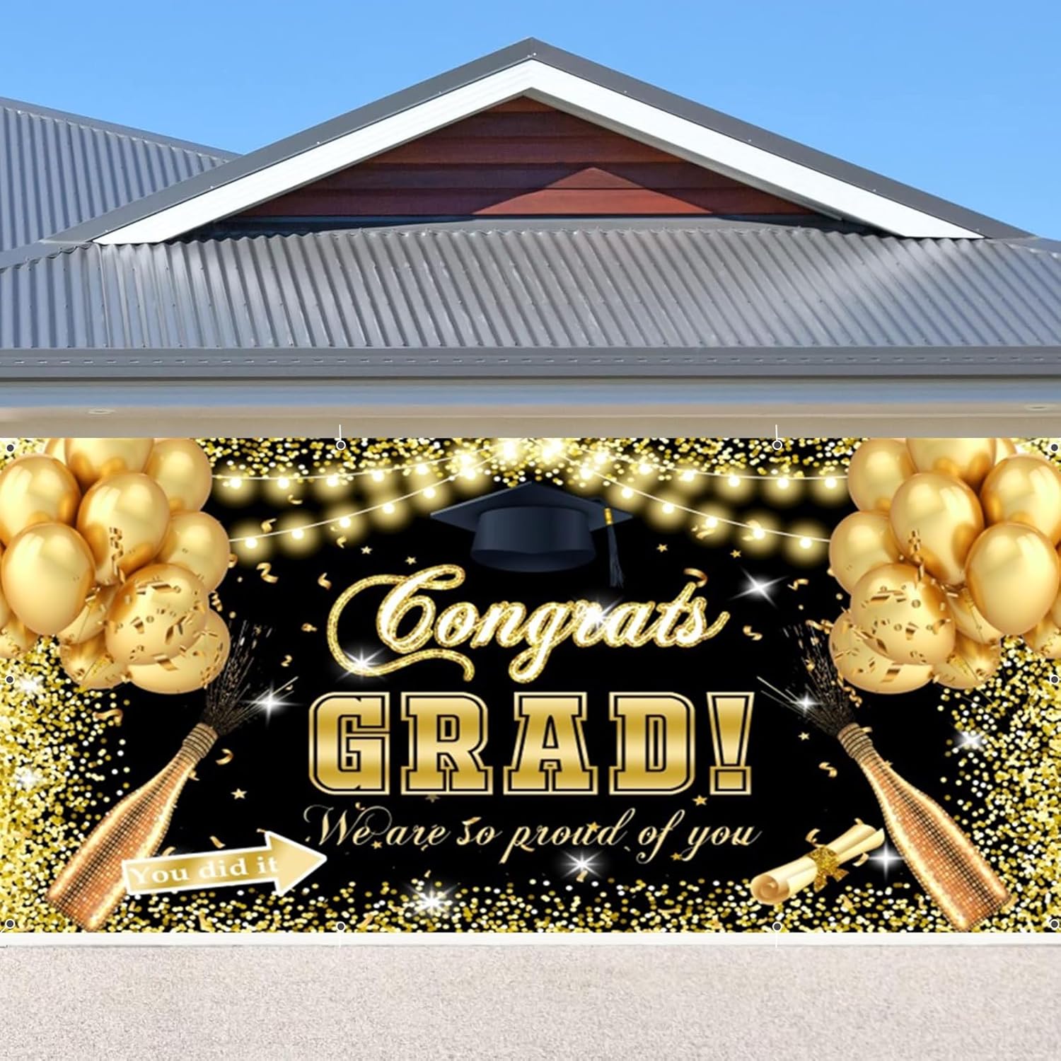Graduation Garage Door Banner 7x16ft Class of 2026 Graduation Backdrop Black and Gold Congrats Grad Backdrop Congratulations Graduation School Prom Party Banner Decorations Garage Door Cover