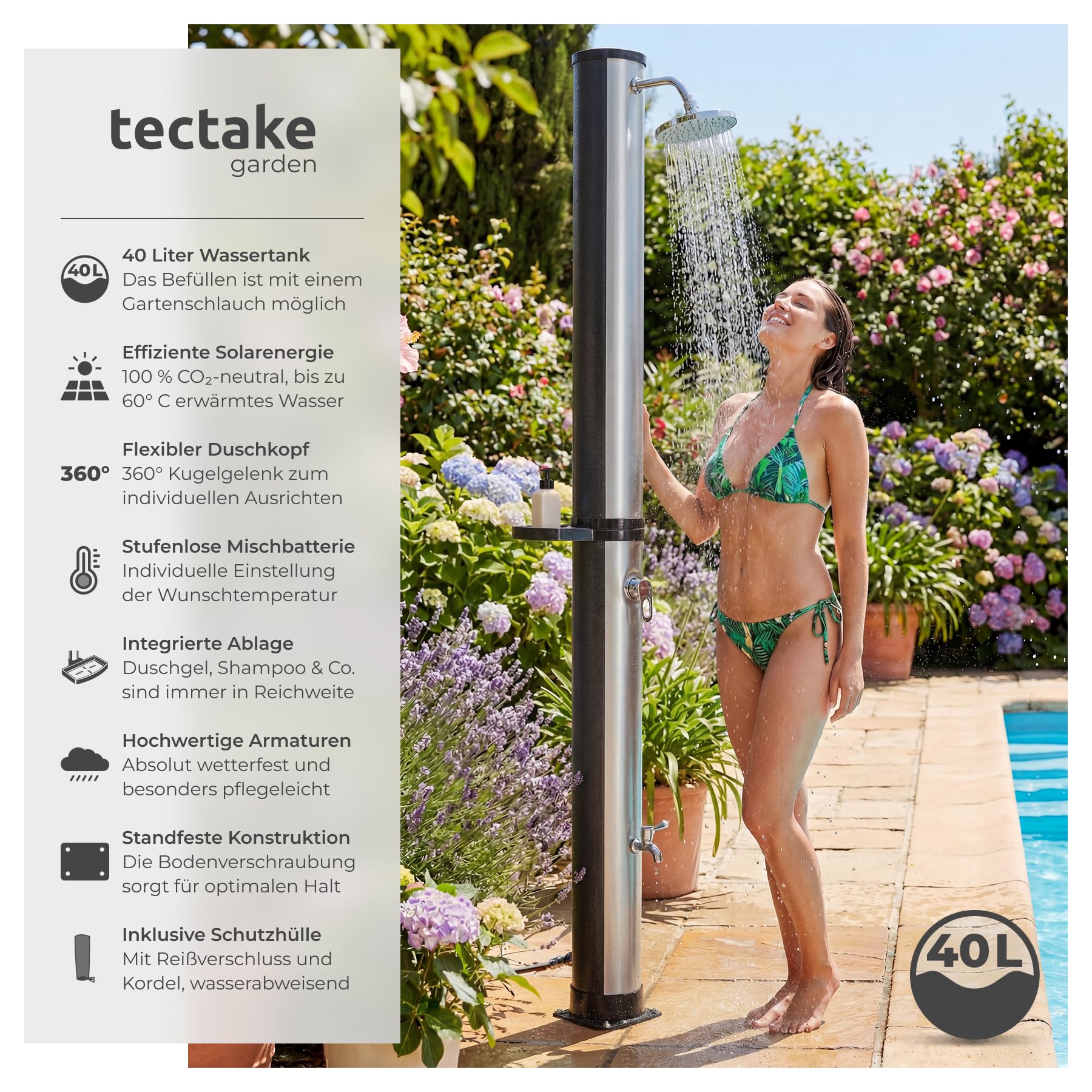 TecTake® Solardusche, 40 l, bis 60° C warmes Wasser, drehbarer Regenduschkopf, Gartenschlauch-Anschluss, Solar Dusche, Solar Duschen, Garten Solardusche, Camping Solardusche, schwarz/Silber