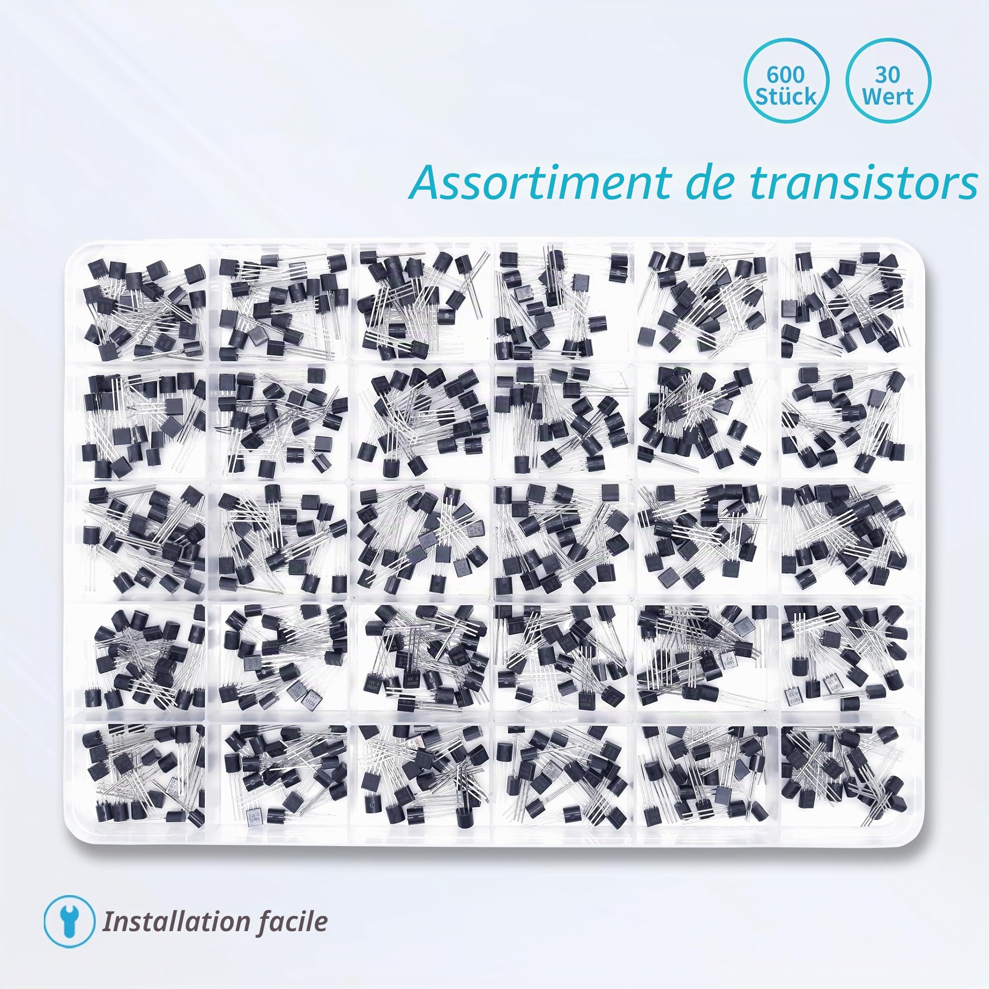 600 pièces Transistors PNP NPN SS8050 SS8550 BC546 BC547 BC548 BC549 BC550 BC556 BC557 BC558 BC559 2N2222 2N2907 2N2907 2N2N2907, Référence produit 3904 2N3906 2N4401 2N5401 (30 Valeurs)