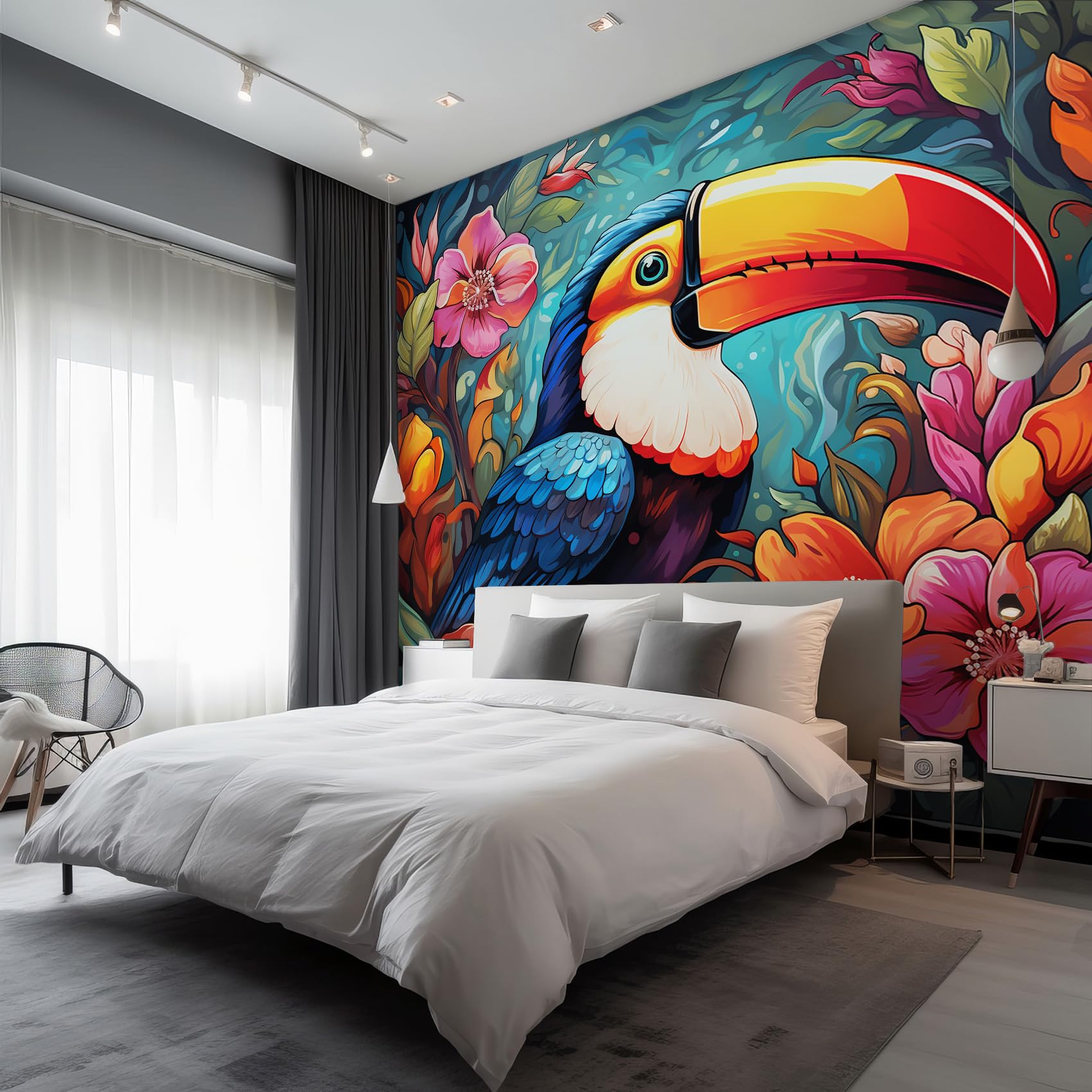 Tropical Parrot Mural Wallpaper, Exotic Floral Birds Wallpaper for Bedroom, Living Room, TV Backdrop, Office, 3D Large Wall Mural Non-Woven Wall Paper 400 x 280 cm (WxH) BVHYU15