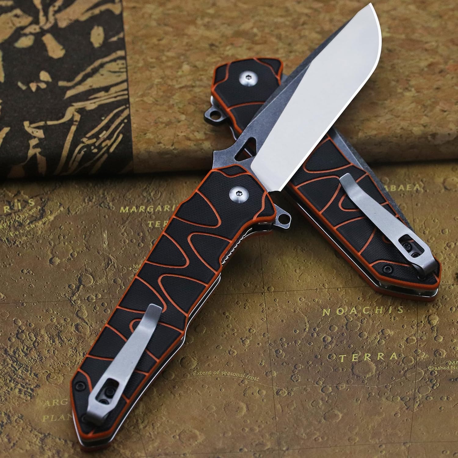 WPKOPYA 8.4in Folding Knife AUS-8 Steel Blade, G10 Handle with Anti-Slip Texture, Ball Bearing Pivot, Stonewashed Finish, EDC Pocket Knife for Camping, Hiking, Survival (AUS-8 (G10 black/orange))