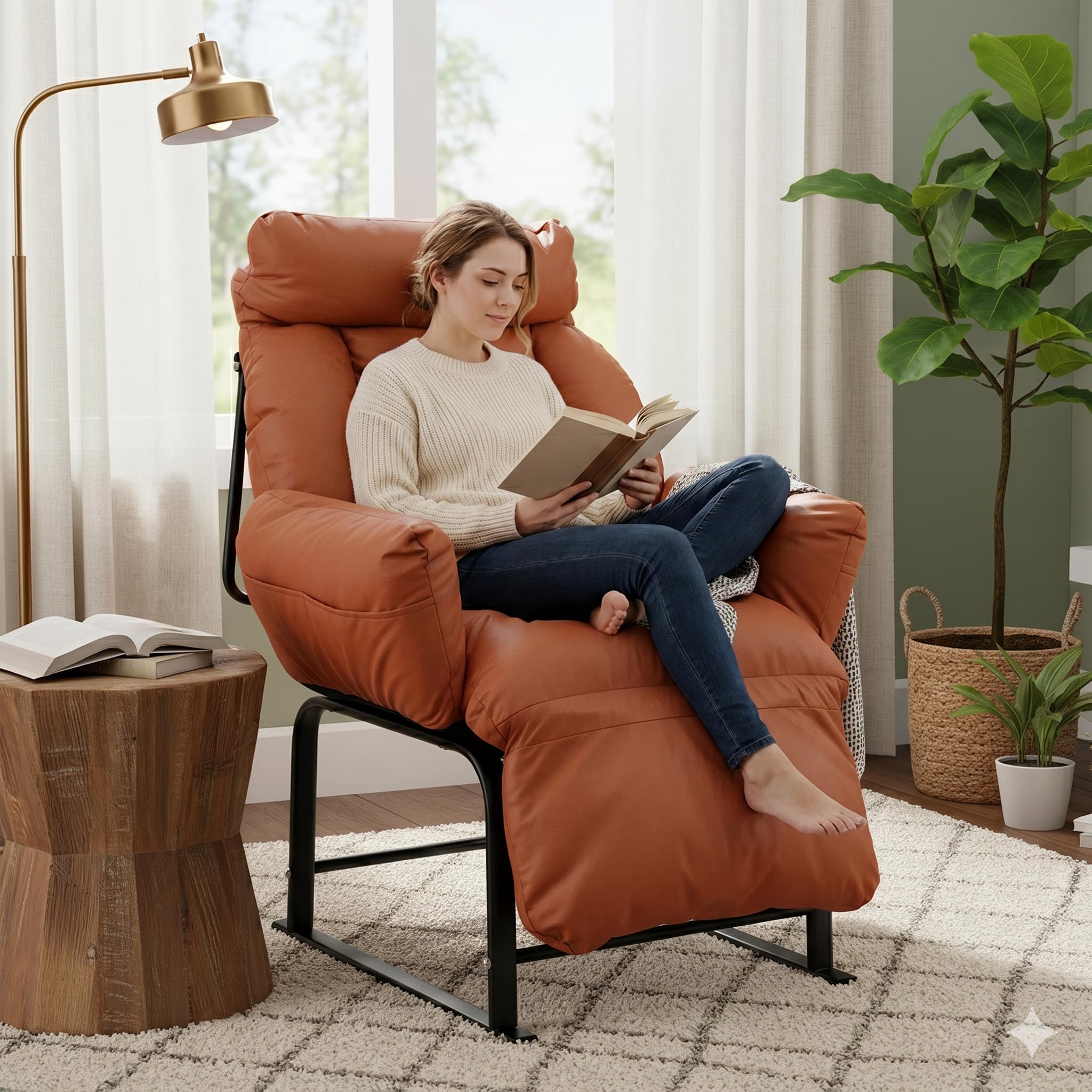 Fauteuil Relax, Dossier Inclinable 90°-180°, Cadre en Métal, Jusqu’à 150kg, pour Chambre d' Enfant Chambre à Coucher Salon Balcon,Orange