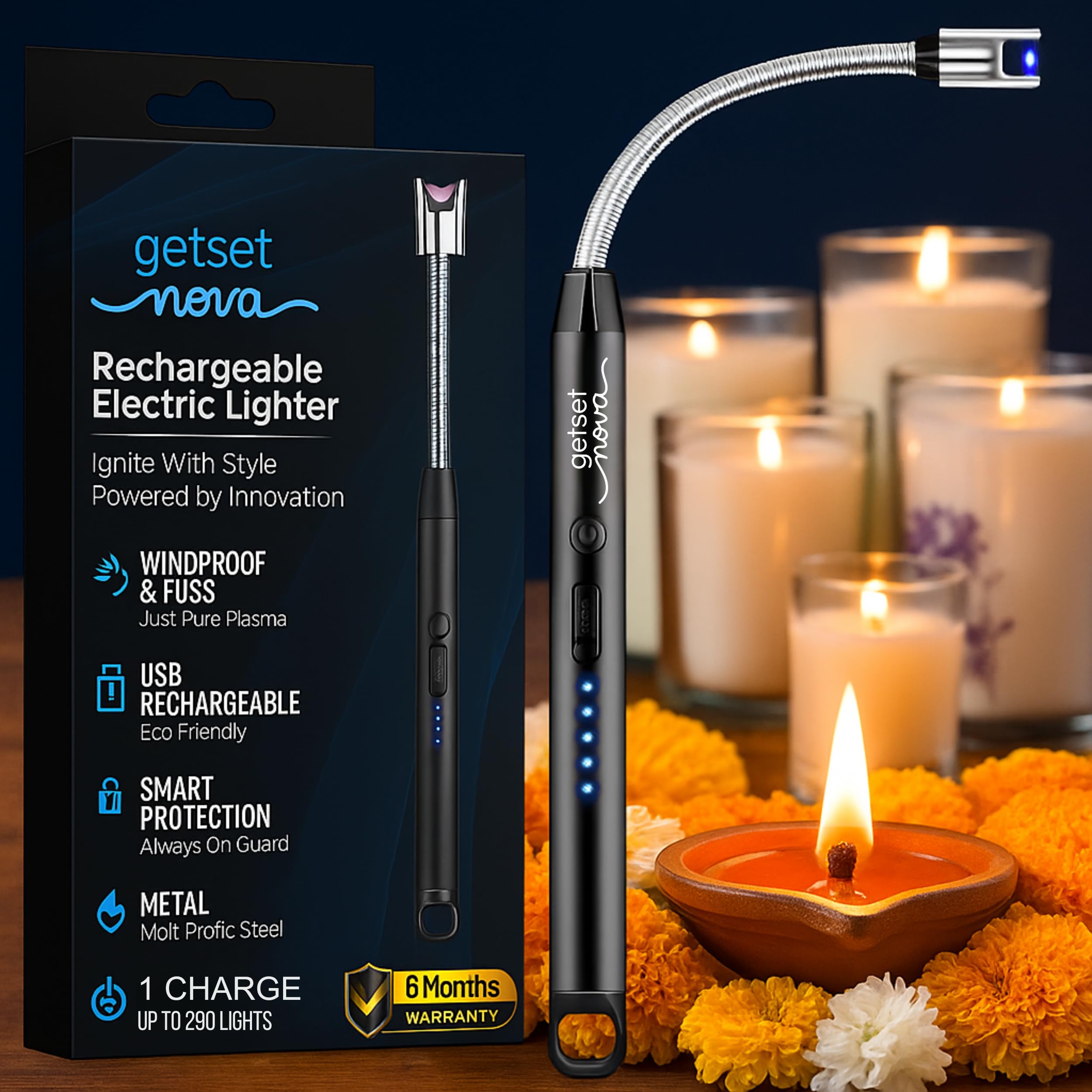 Rechargeable Lighter Gas Lighter for Kitchen Candle Electric Lightr Rechargeable Lighr for Gas Stove & Kitchen Lighr for Candles Arc Lighr - Melt Proof Head 1 Year Warranty