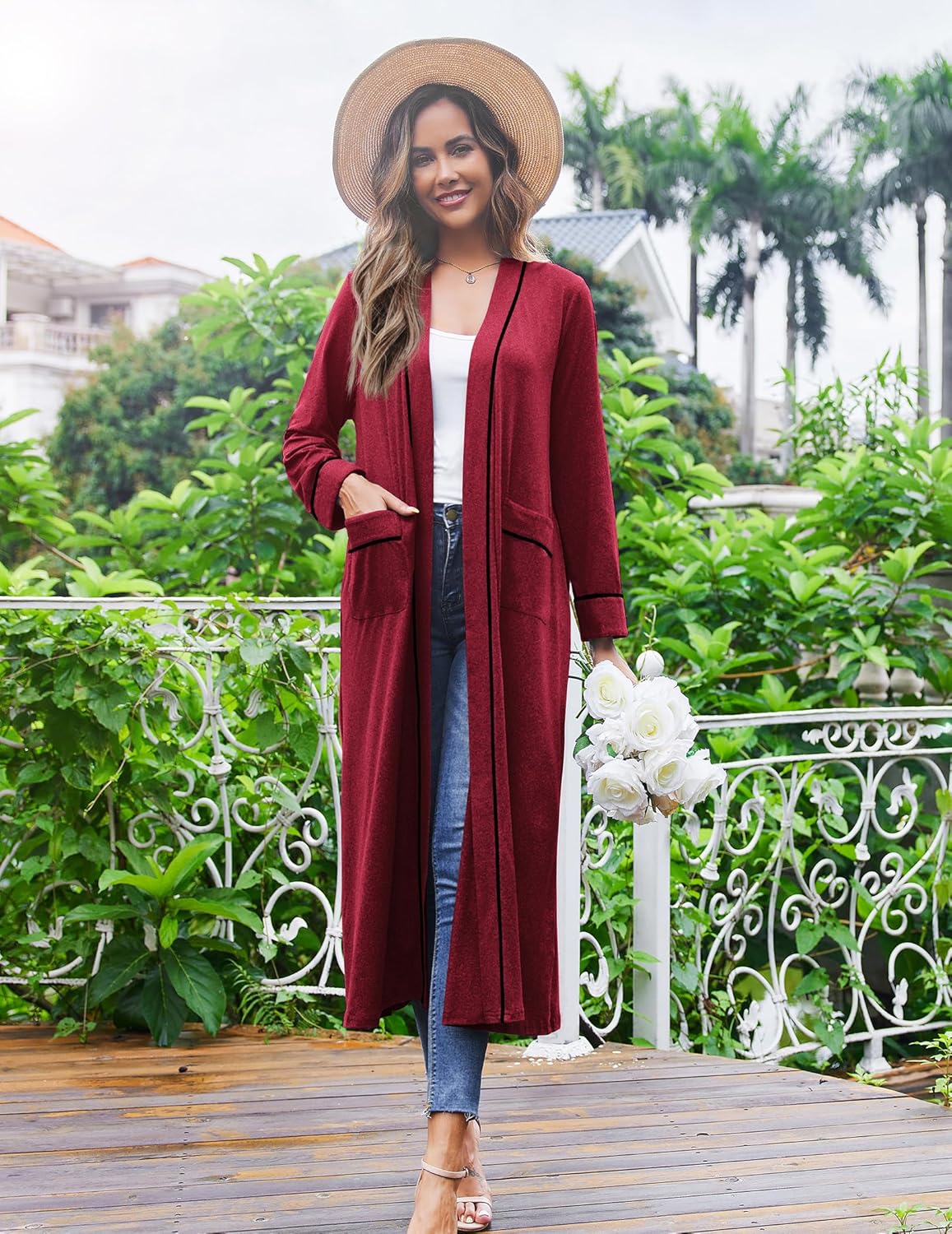 Ekouaer Women Kimono Robes Full Length Knit Bathrobe Lightweight Soft Sleepwear V-neck Casual Ladies Loungewear S-XXL