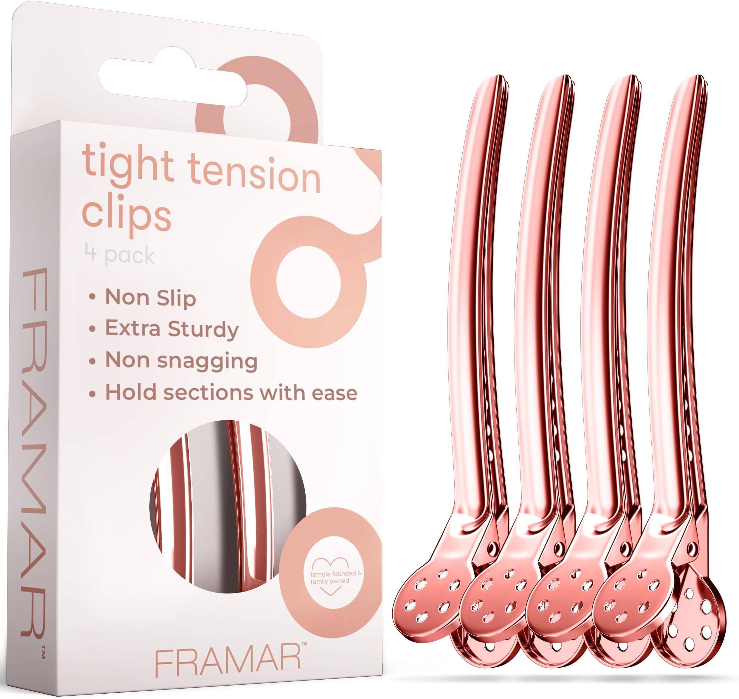 FRAMAR Rose Gold Hair Clips - 4pc Set for Styling, Sectioning & Holding Foils - Metal, No Slip Grip, Perfect for Women & Hair Stylists
