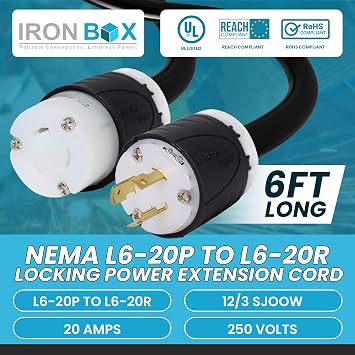 IronBox Electric NEMA L6-20P to L6-20R Locking Power Extension Cord - 20A/250V, 12/3 SJOOW - UL Listed Power Cable Plug Adapter - Heavy Duty Extension Cord for Generator, Outdoor & More (6ft, Build)