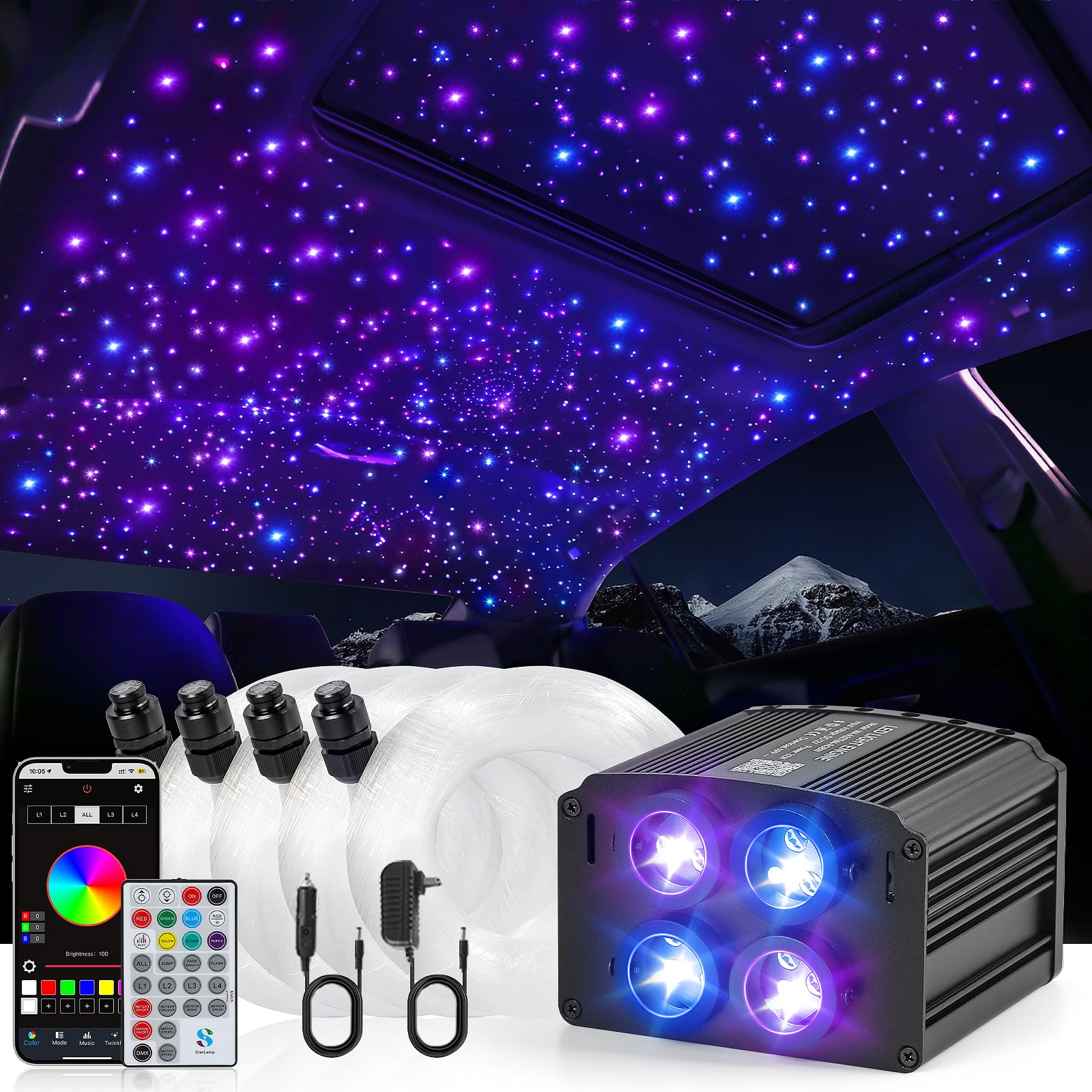4 Colors 32W Twinkle Starlight Headliner Kit for Car Home with APP&RF Remote,RGBW 1100pcs*0.03in*13.1ft Cables Fiber Optic Star Sky Roof Lights,4 Port Engine Sound Activated Car Ceiling Star Lights