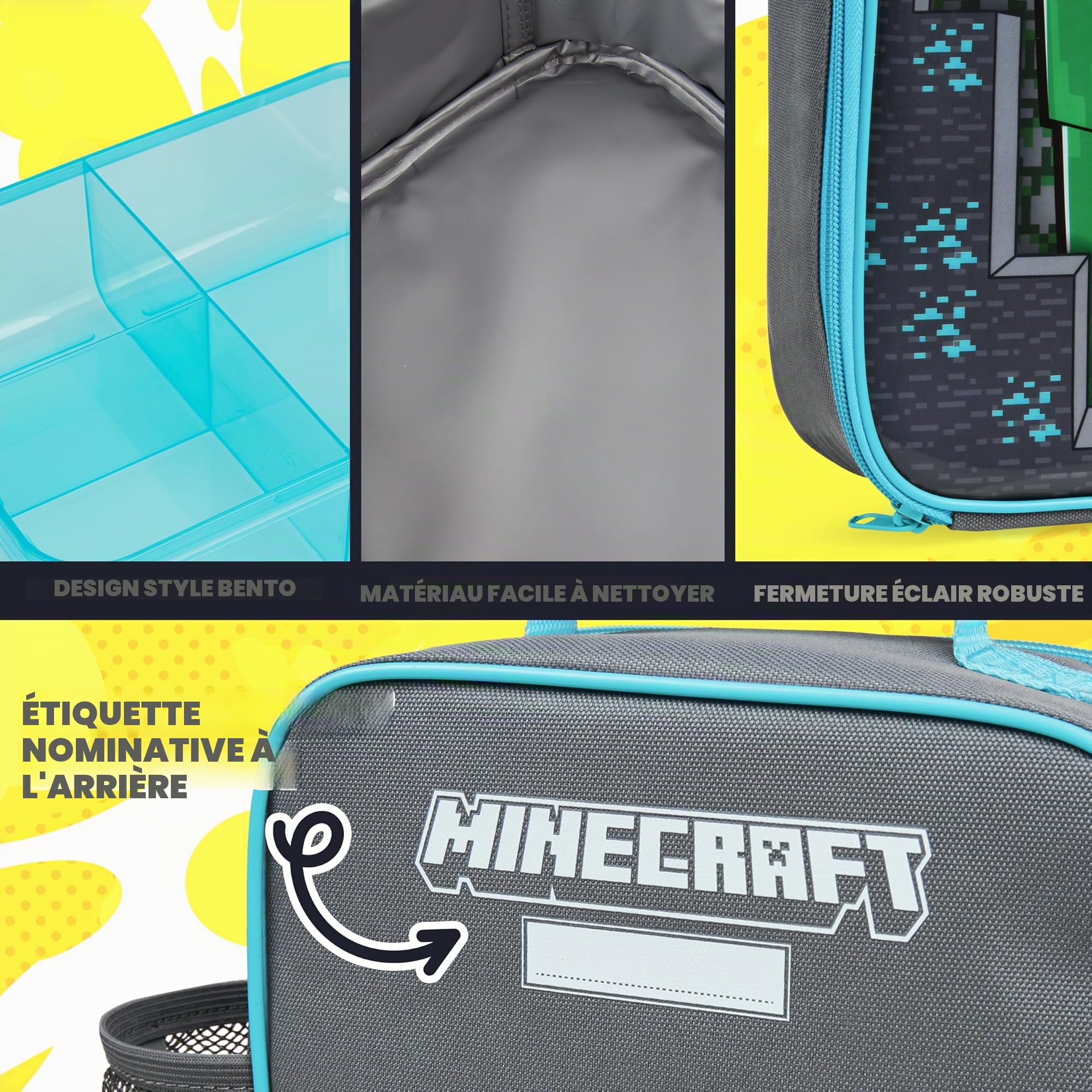 Get Trend Minecraft Sac Isotherme Repas Enfant, Gourde et Boite Bento, Kit Déjeuner de 3 Accessoires Scolaires, Sans BPA, École Voyage Pique Nique (Multi Minecraft)