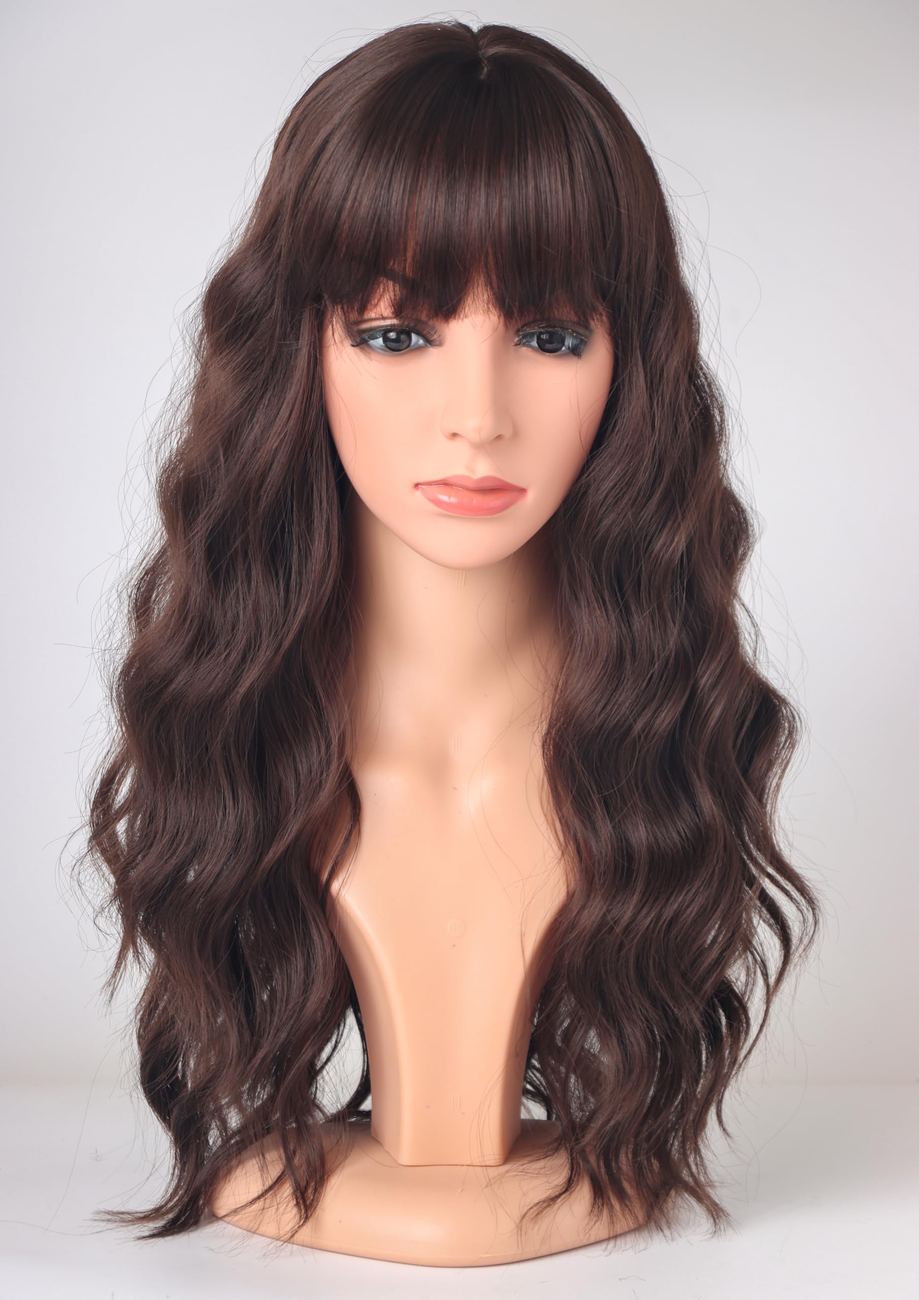 SYMEIW Medium Long Brown Wavy Wigs For Women Synthetic Full Hair Wigs With Bangs For Daily Use (brown)
