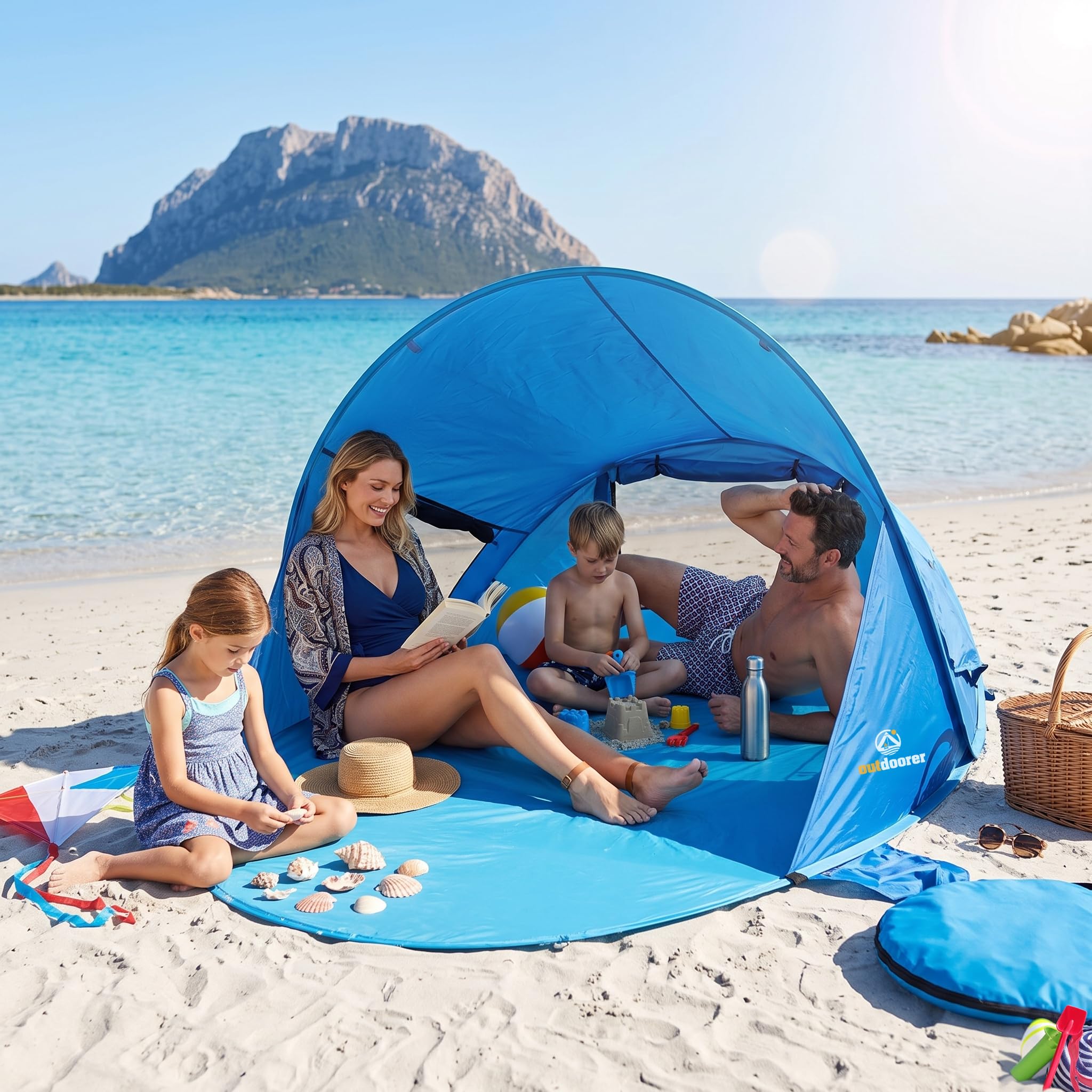 outdoorer Tente de plage Pop Up Beach Air UV 80, 245 x 145 x 100 cm, parfaitement ventilée, 2 fenêtres, 1 porte verrouillable, haute protection UV avec revêtement argenté, 2 adultes et 1 à 2 enfants