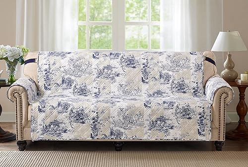 Brilliant Sunshine - Funda de sofá azul Toile, funda de sofá acolchada grande, 70" de ancho del asiento, protector de muebles antideslizante, correa