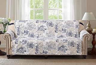 Brilliant Sunshine Blue Toile Couch Cover, Quilted Large Sofa Slipcover,...