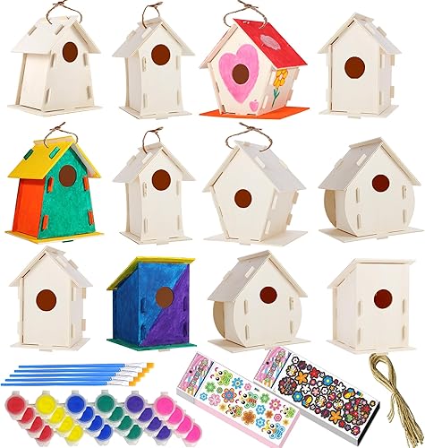 Paquete de 12 casas de pájaros grandes de bricolaje para niños, kits de manualidades para niños, casas de madera para manualidades, fiesta de clase,