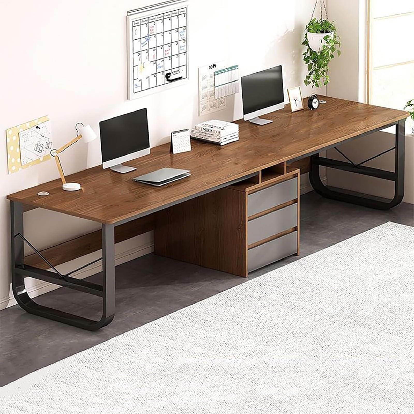Escritorio doble, escritorio de computadora, escritorio con cajón, estación de trabajo de oficina familiar, escritorio de computadora de madera grande, escritorio, adecuado para oficina C,200CM