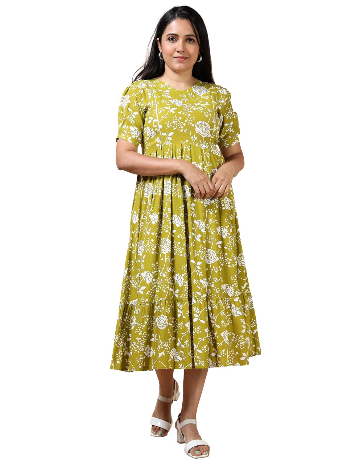 Floral Print Maternity Nursing Dress, Navy Blue and White Floral Print Cotton Mid-Calf Side Zipper for Feeding Regular Fit
