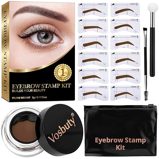 Eyebrow Stamp Stencil Kit-Eye Brow Stamping Kit- Brow Stencil and Stamp Kit -Waterproof Long-lasting Bushy Eyebrows-12 Eyebrow Shapes (Light Brown)