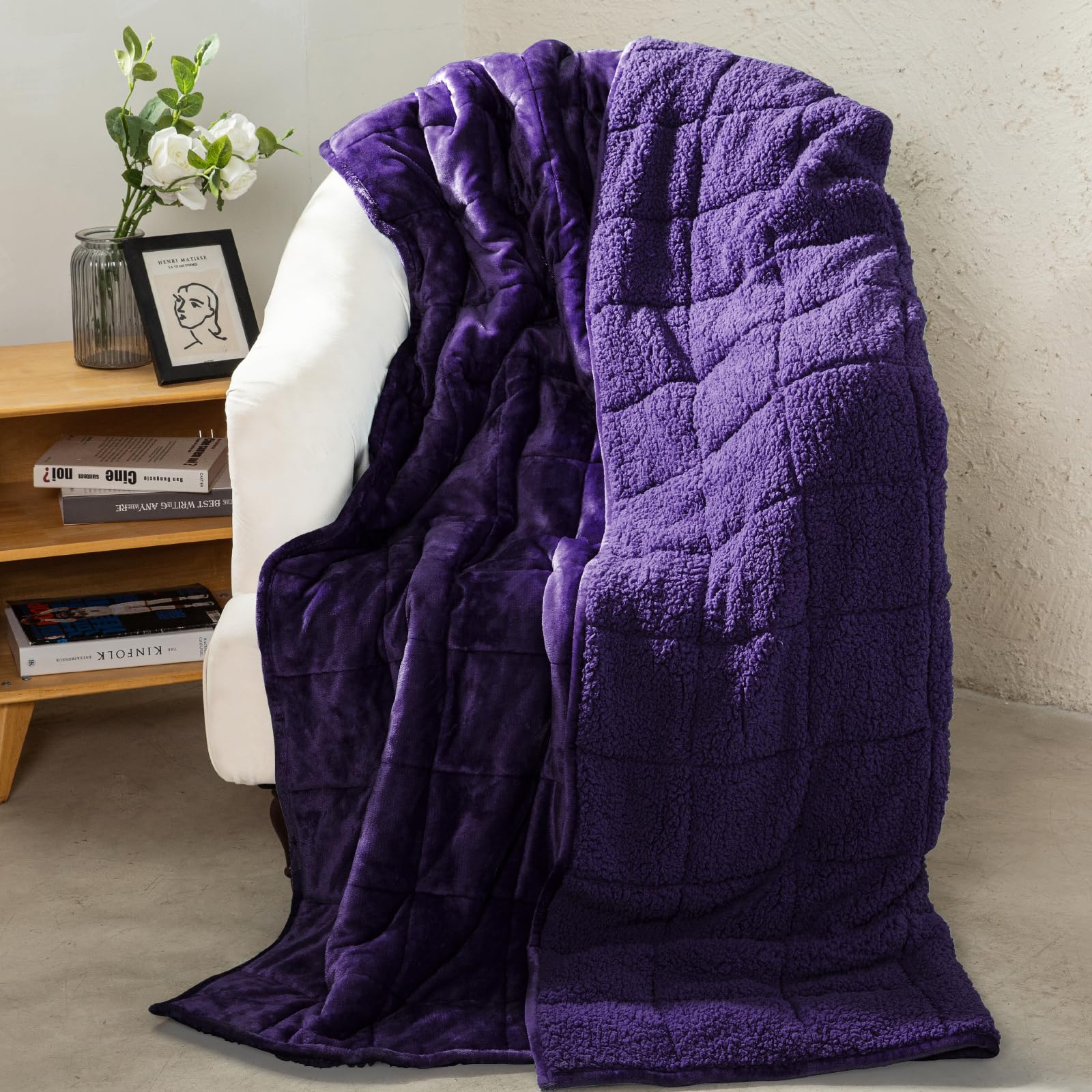 Aemicion Weighted Blanket Queen Size 15lbs,Dual Sided Cozy Fluffy Sherpa Heavy Weighted Blankets for Adults,Ultra Fuzzy Throw Blanket with Soft Plush Flannel Top,60 x 80 inches Purple on Both Sides