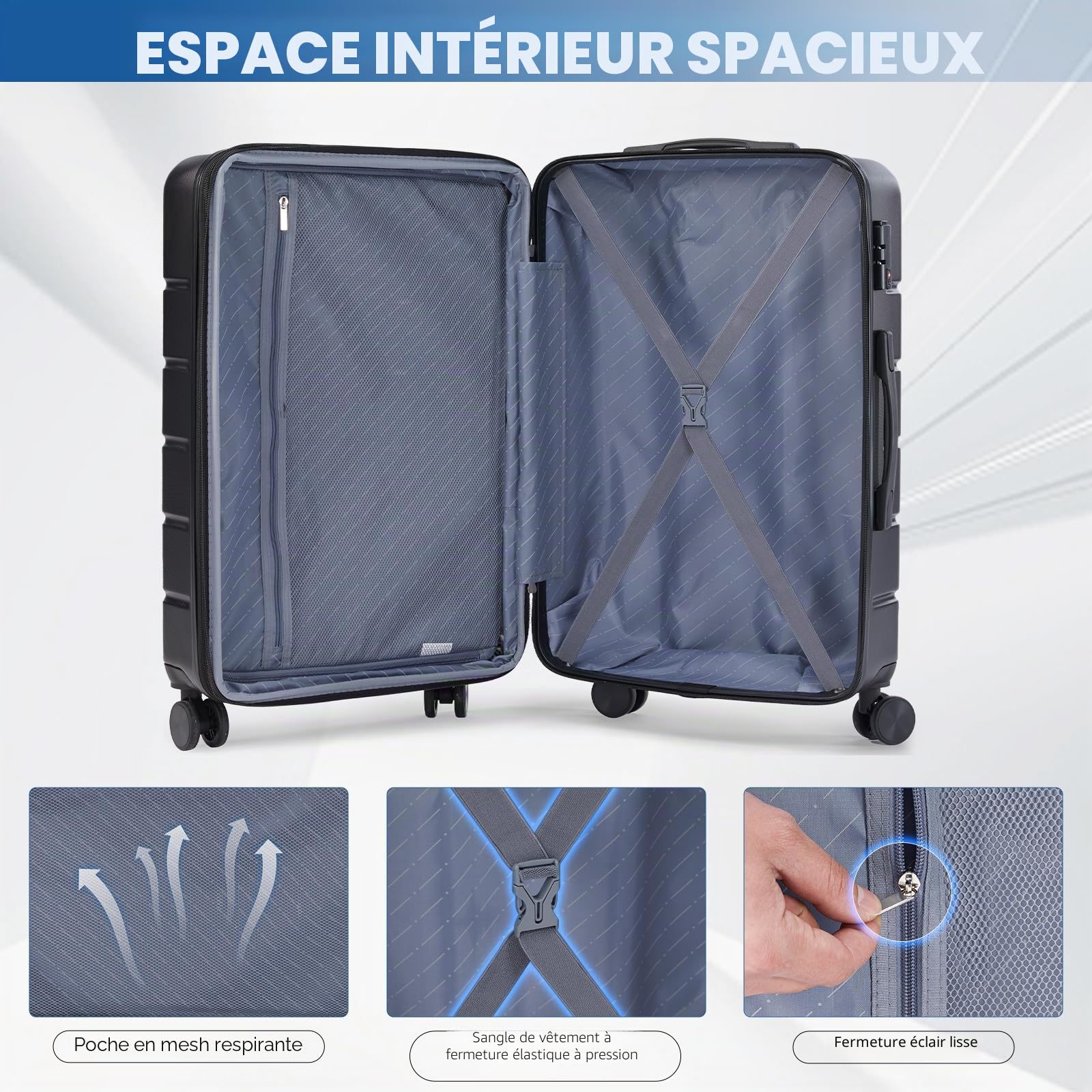 NEWBULIG Lot de 3 valises de Voyage, Extensibles et légères avec Roues rotatives, Serrure TSA, poignée télescopique et matériau ABS Durable, 50,8 cm, Noir, Noir, Tendance