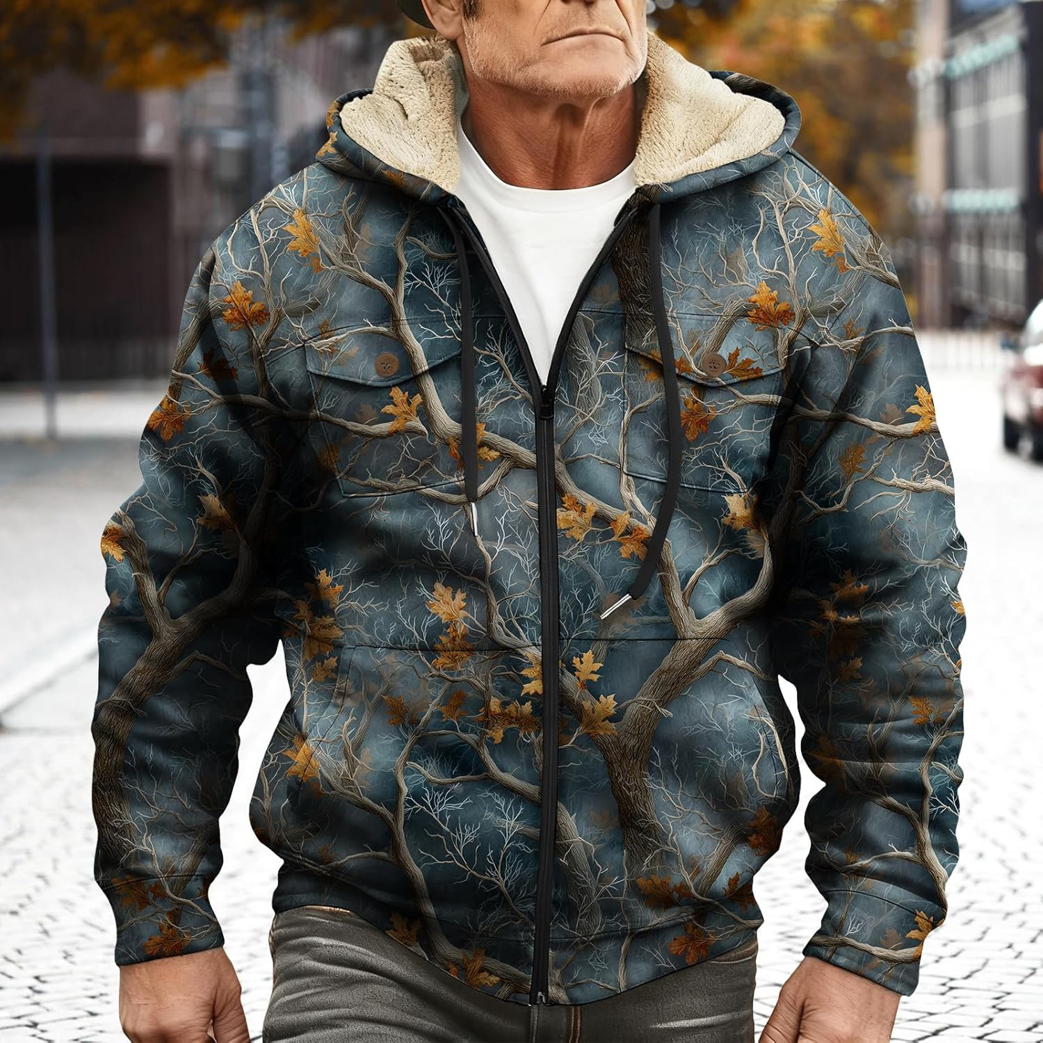 Mens Camo Sherpa Hooded Jacket Vintage Full Zip Fleece Lined Hoodies Coat Winter Warm Outdoor Camouflage Jackets