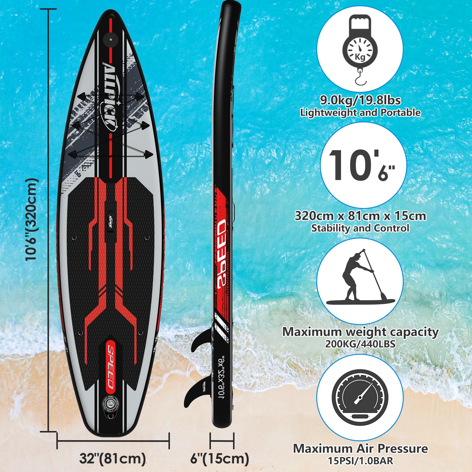 ALLPICK Sup Gonfiabile, Stand Up Paddle Board Gonfiabile, Con Supporto Universale per Fotocamera, Accessori Completi, Tavola da Sup Surf, Principianti e Avanzati, 150kg/180kg
