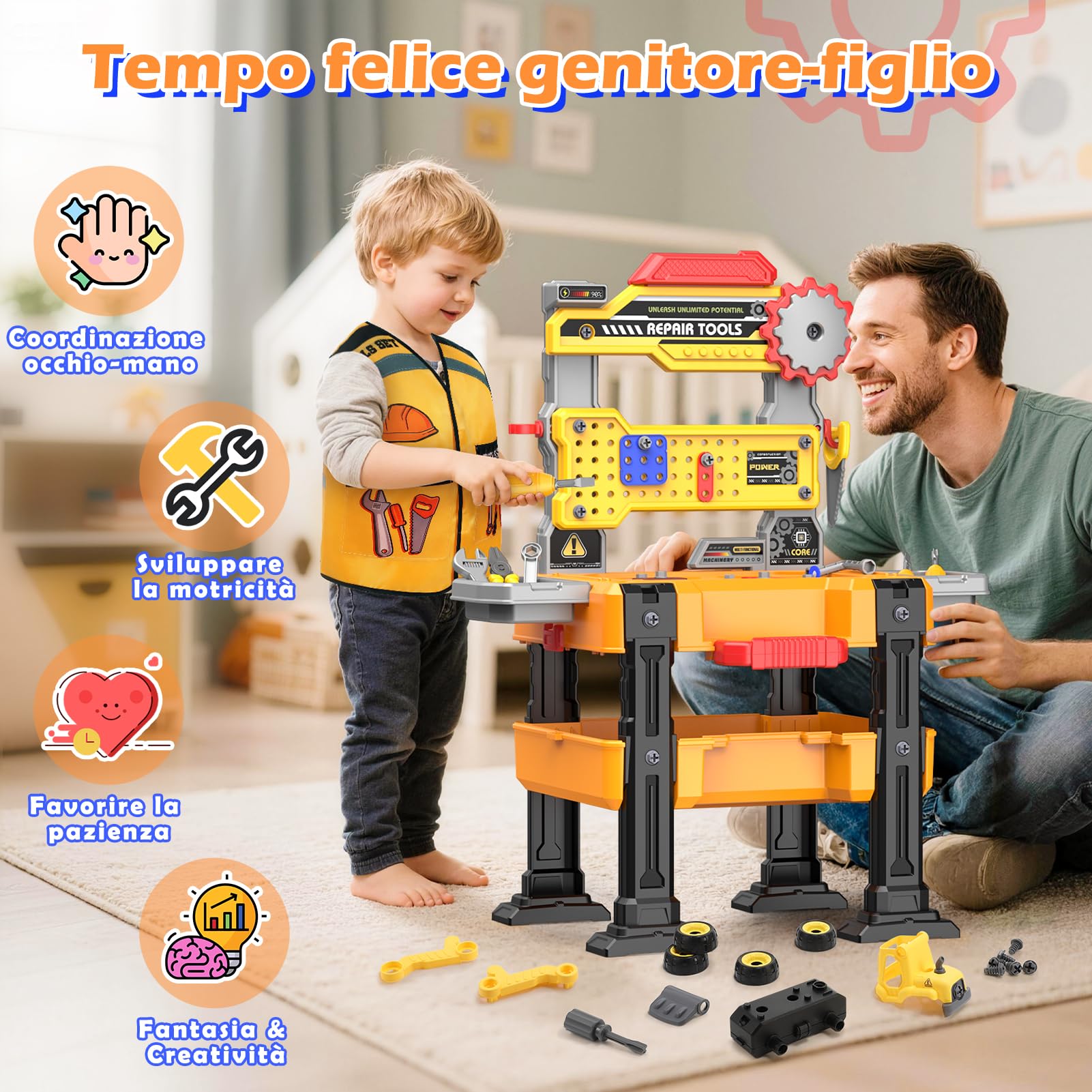 Giocattoli per Bambini Maschi 3-5 Anni: Banco da Lavoro con Trapano Elettrico Realistico, Veicoli da Costruzione Smontabili e Costume, Giochi Imitazione Educativi, Regalo Compleanno per Bambini