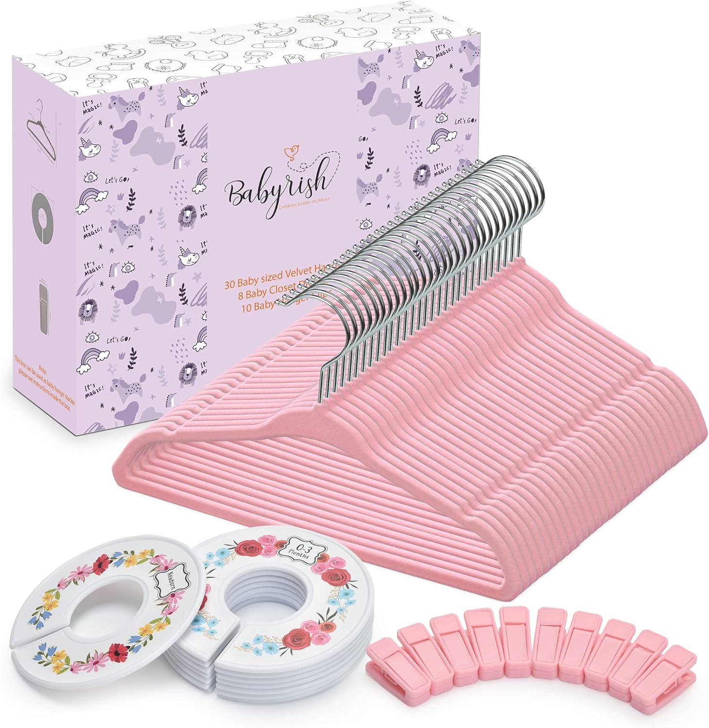 Velvet Baby Hangers with 10x Clips and 8X Dividers (30 Pack) | 11” Ultra-Slim Baby Clothes Hangers | Non-Slip Felt | Space-Saving Nursery & Infant Closet Organizer | Pink